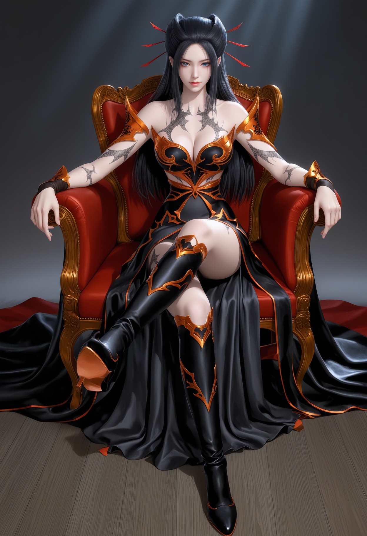 (score_9),masterpiece,best quality,absurdres,highres,BREAK<lora:焰灵姬-ill:0.83>,yanlingji,1girl,solo,long hair,black hair,hairpin,blue eyes,tattoo,pauldrons,breastplate,wrist armor,dress,black dress,high heels,boots,(white_skin),(Ivory_skin),collarbone,(large breasts),puffy chest,looking at viewer,front view,sitting,pov,sitting,from below,chair,BREAKsimple background,Tyndall effect,Cinematic Lighting,Volumetric Lighting,