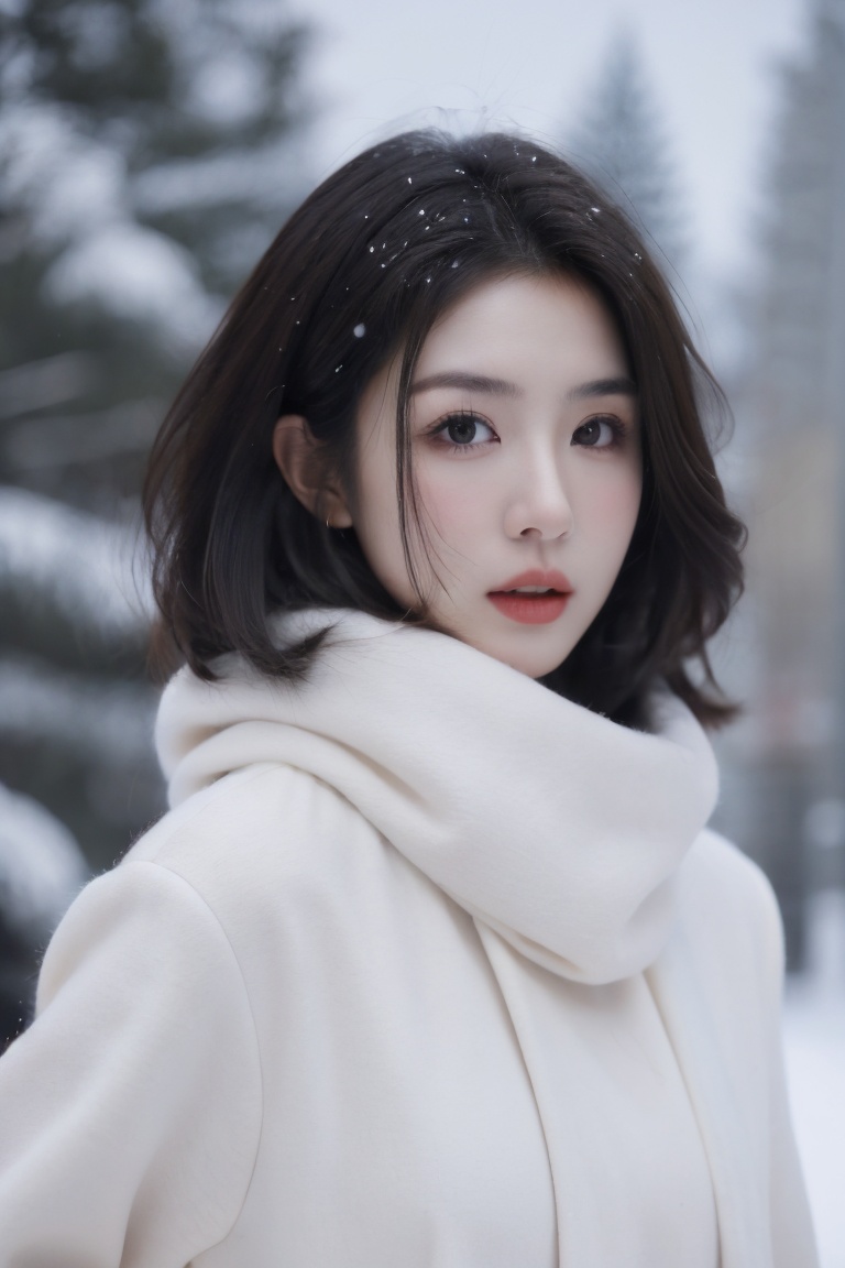 1girl,solo,parted lips,black hair,looking at viewer,best quality,masterpiece,(16k, RAW photo, best quality, masterpiece:1.2),detailed background,105mm,skin tight,(clear eyes:1.2),expressiveh,necklace,makeup,full breasts,(facial focus),beautiful features,(red coat:1.2),(white scarf:1.1),wearing thick clothes,snow,outdoors,winter,snowing,(long hair),,,,(short hair),<lora:冬日人像2.0:0.4>,<lora:LEOSAM's Instant photo 拍立得_Polaroid LoRA_InspX Borderless Version:0.3>,<lora:F60SQ:0.4>