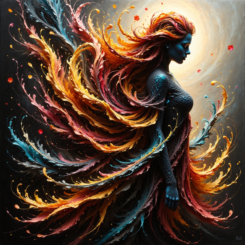 A beautiful autumn leaf in the shape of a faceless tiny woman figure,  dozens of different strands blowing in the wind,  r...