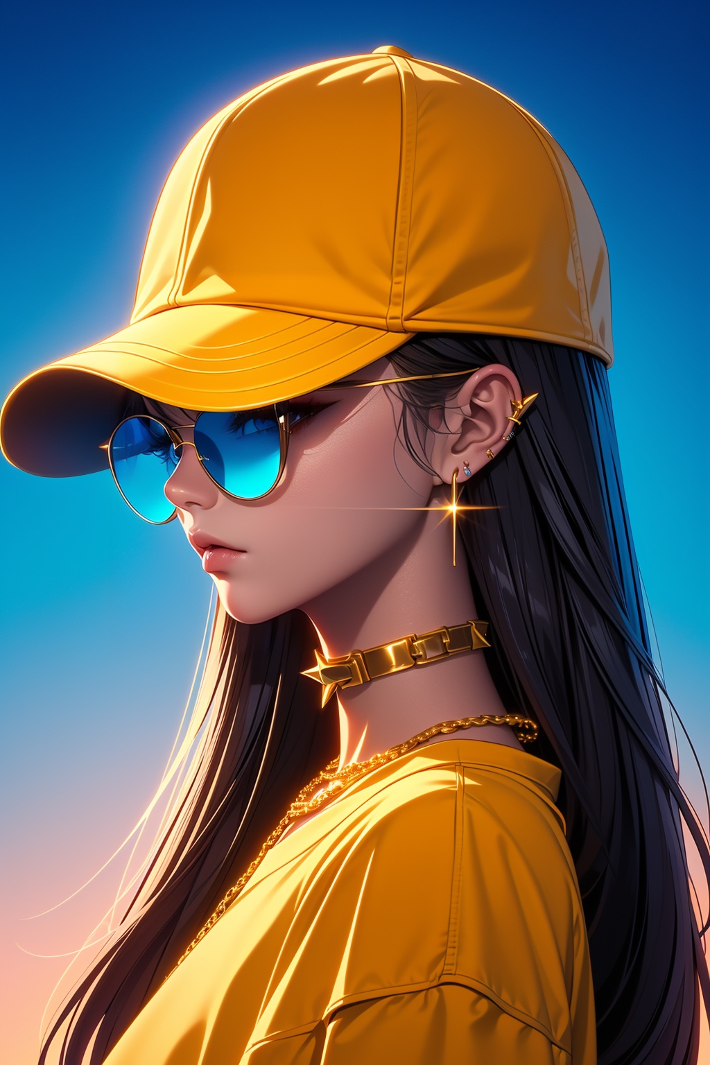 QXHTX,backlight,rim light,1girl,hat,solo,jewelry,long hair,chain,earrings,baseball cap,necklace,gold chain,spiked collar,ear piercing,black hair,chain necklace,<lora:QXHTX_20240412134359-000008:0.8>,