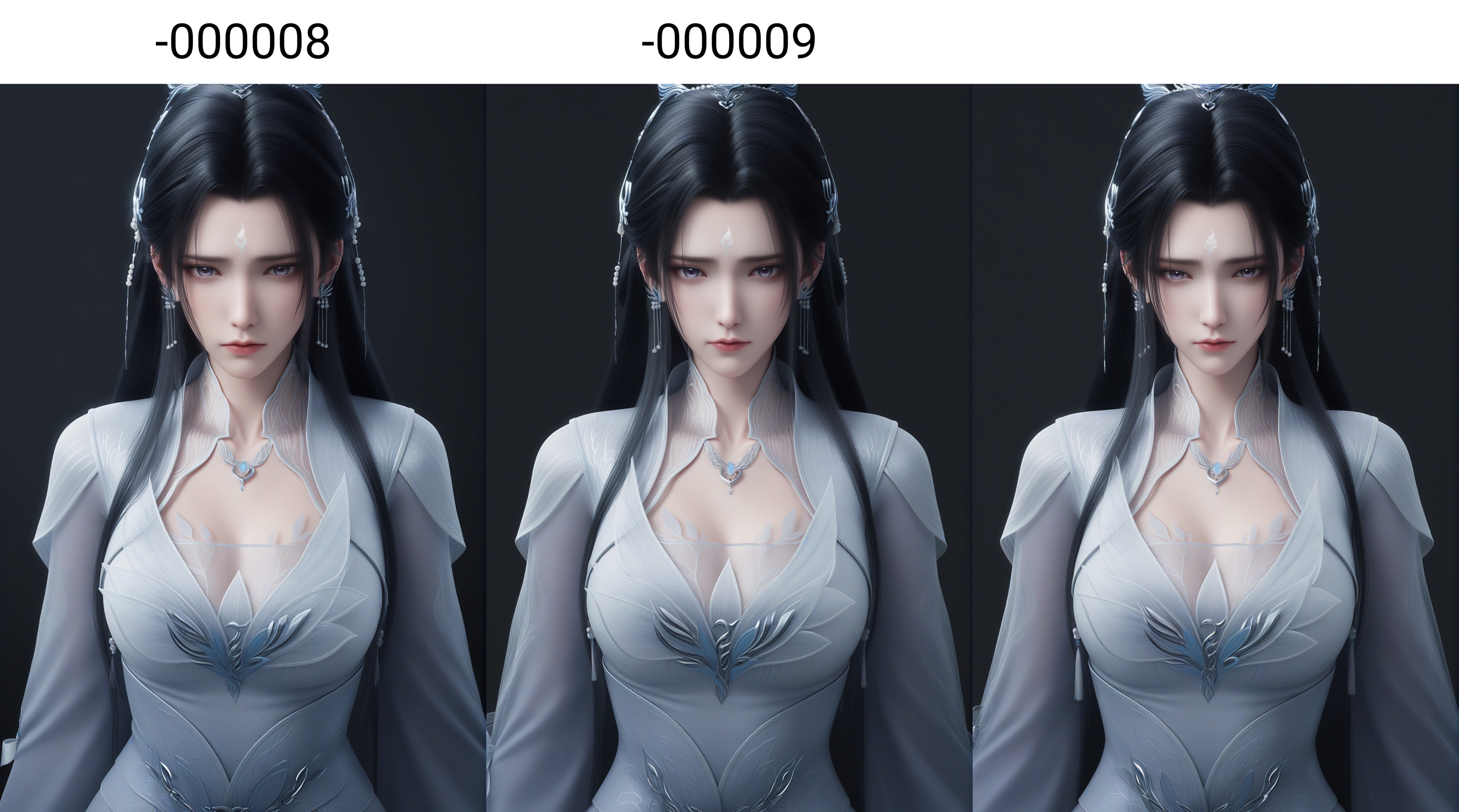 masterpiece,best quality,absurdres,highres,mature female,solo,<lora:新-陆雪琪-ill-000008:0.85>,luxueqi,long hair,black hair,hair ornament,jewelry,earrings,forehead mark,hair bun,hair ribbon,grey_eyes,purple_pupils,(lonely:1.1),sad,BREAKcollarbone,sheer overlay,necklace,dress,belt,cleavage,see-through cleavage,looking at viewer,(front view),cowboy shot,simple background,black background,