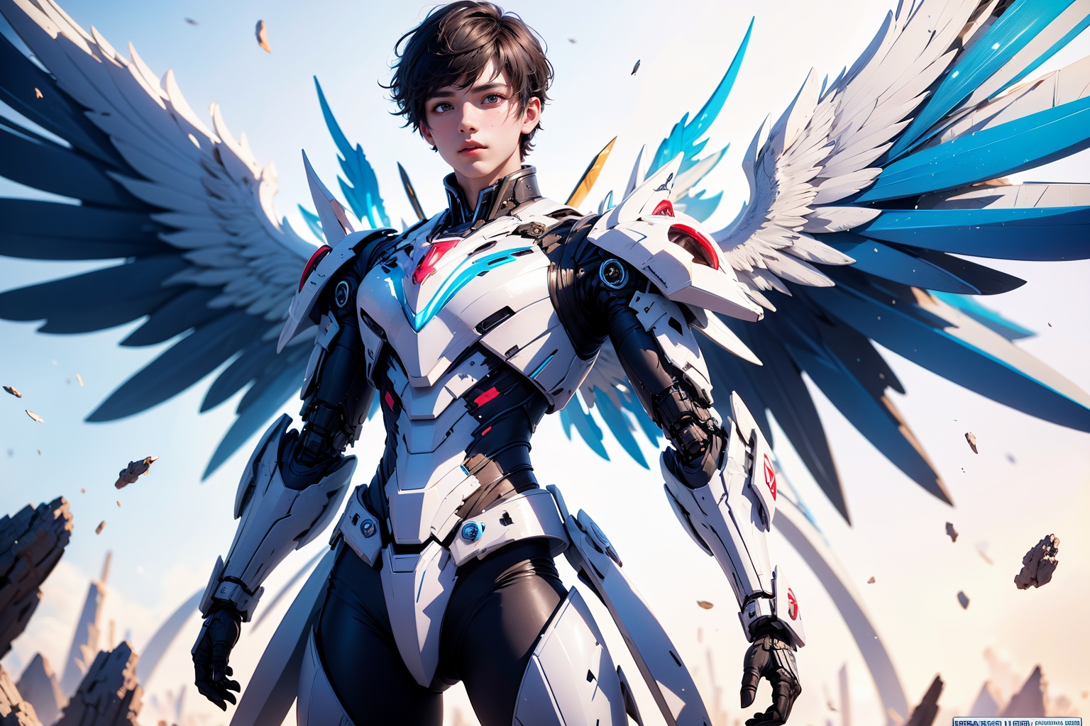 1boy,concept artwork,black hair,(a lonely solo boy:1.4),sky,wing,wings with fans,graphics card fan,strong male mecha warrior,mighty and domineering,cool mecha,32k,blue and white color scheme,white armor,white_background,standing,cowboy_shot,<lora:ASuo_v1:1>,