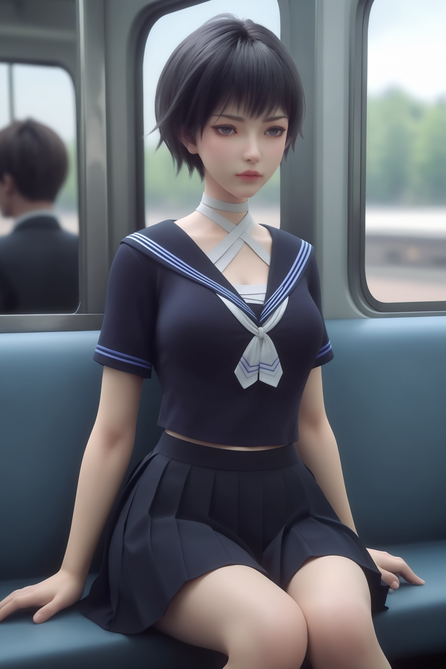 solo,1girl,solo focus,(perfect_anatomy:1.1),(upper_body:1.2),(portrait:1.1),sitting,(train_interior:1.1),(blurry_background:1.2),score_9,<lora:无限世界-赵樱空Pony:0.7>,short,tousled black hair,black school uniform,white tie at the neck. short-sleeved balck top ,a pleated,high-waisted black skirt.,