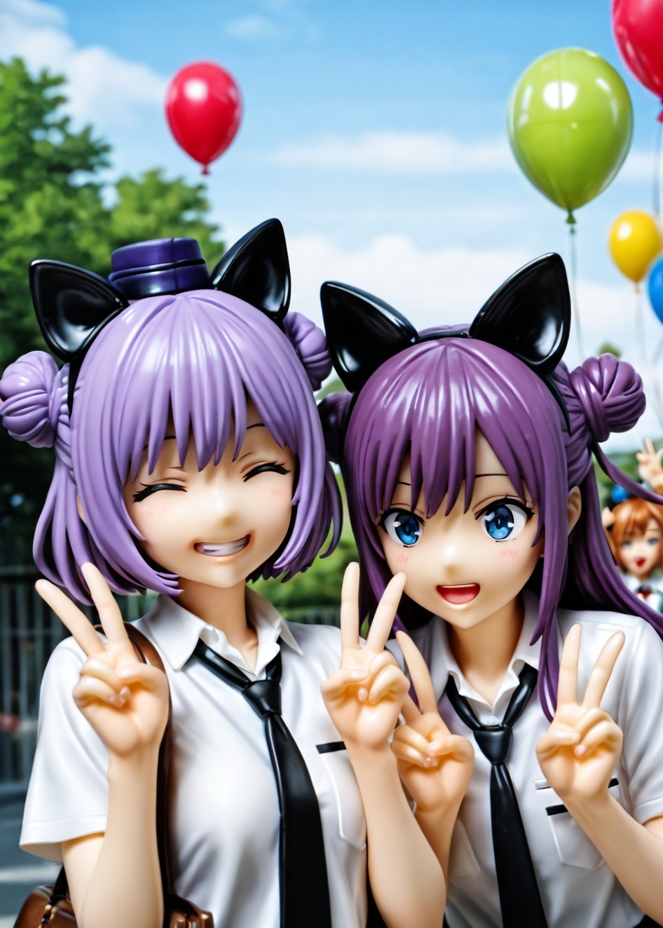 multiple girls, 2girls, fake animal ears, animal ears, balloon, necktie, v, smile, closed eyes, purple hair, shirt, white shirt, bag, hair bun, outdoors, phone, long hair, holding, black necktie, collared shirt, double bun, double v, short hair, mini hat, cellphone, holding phone, grin, open mouth, hat, smartphone, blue eyes, cat ears, day