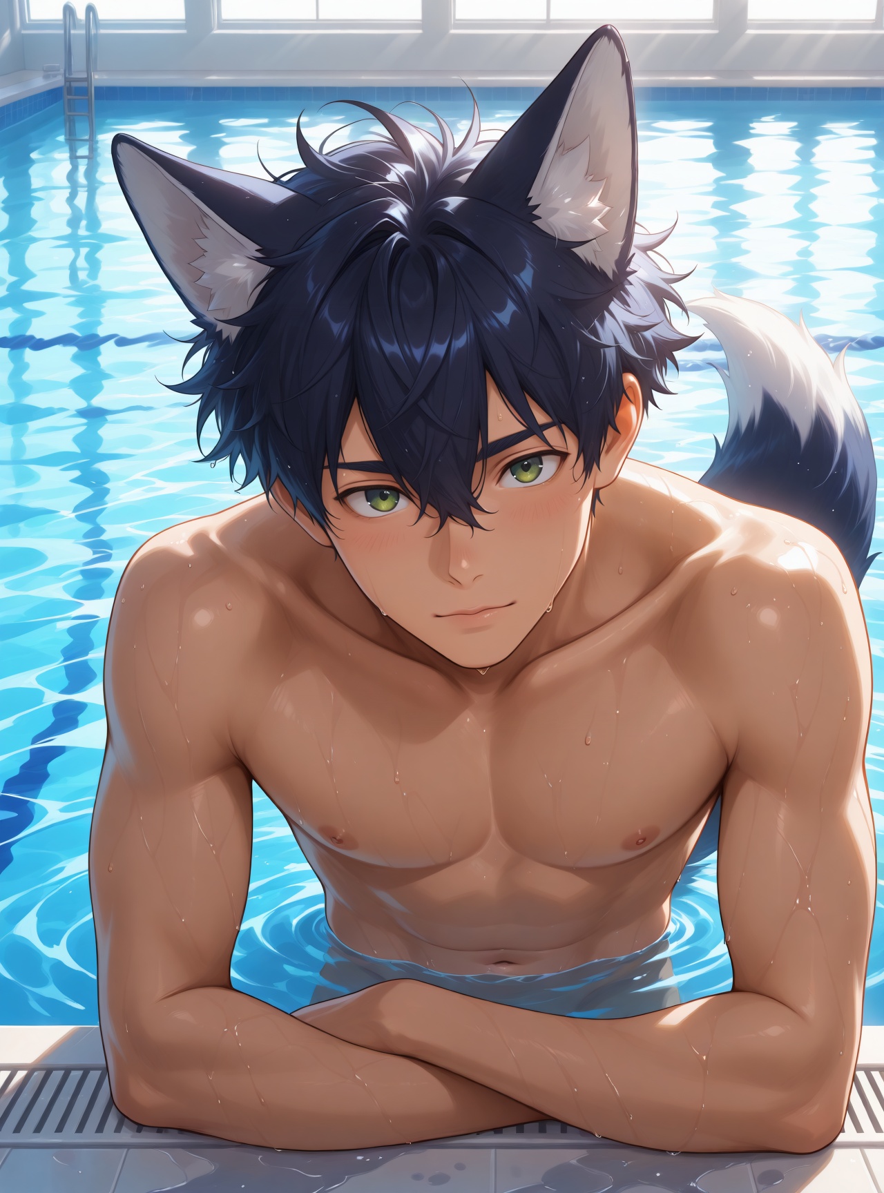 nude in indoor swimming pool,  leaning on edge,  cock hard above water surface on Tensor.Art