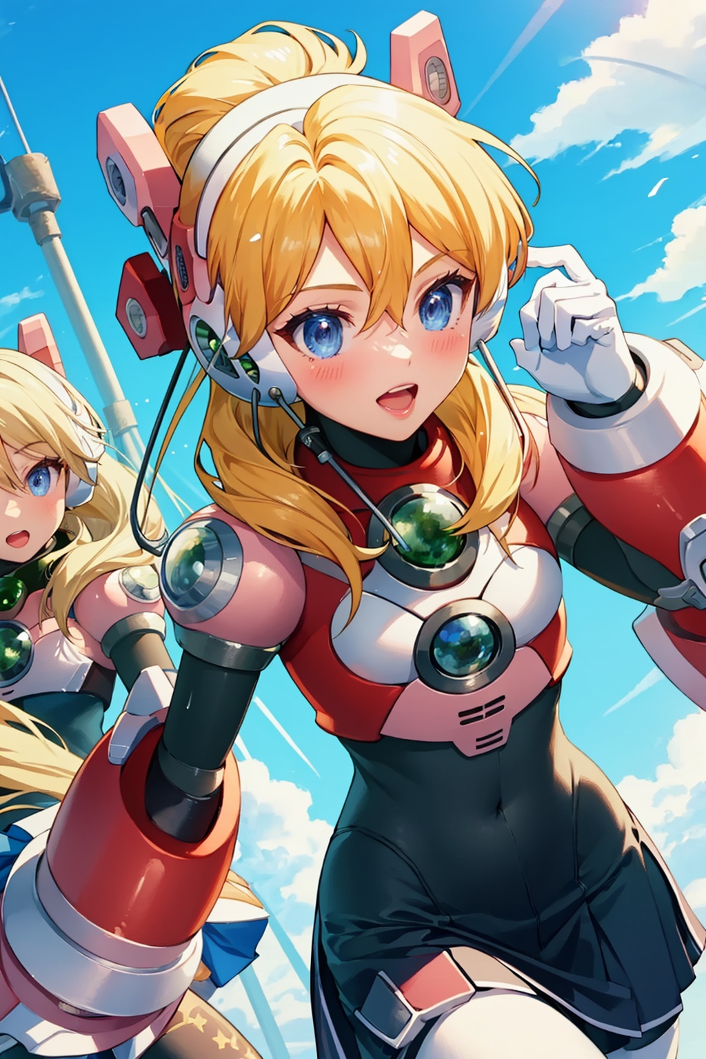 masterpiece,best quality, highly detailed, alia (mega man), 3girls, headset, open mouth, thighhighs, cloud, white gloves, skirt, blue sky, ponytail, bodysuit, dress, headgear, day, blush, upper teeth only,<lora:alia_(mega_man):1>