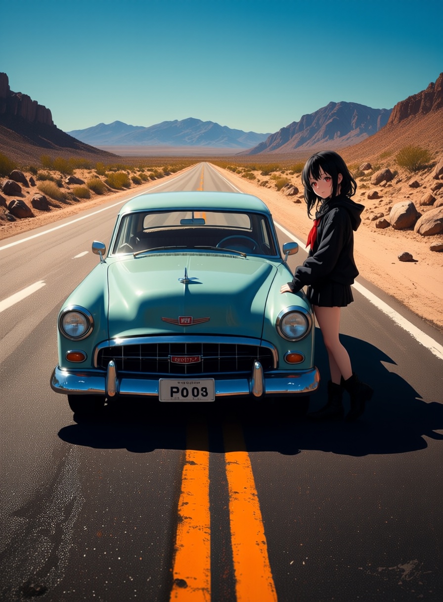 anime girl standing beside a real vintage car on an empty desert highway,  anime character,  photorealistic asphalt on Ten...