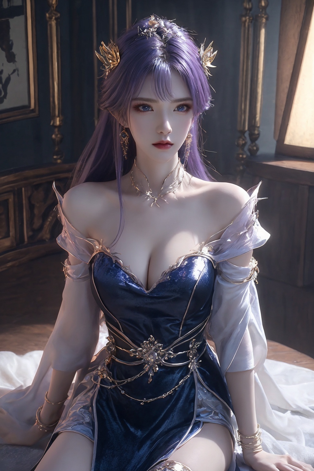 1girl, bangle, bare shoulders, blue eyes, bracelet, breasts, cleavage, dress, earrings, hair ornament, indoors, jewelry, long hair, looking at viewer, off shoulder, purple hair, solo, thighhighs cinematic view, snow moon, beautiful lighting, digital art, chiaroscuro<lora:天穹1.0:0.8>