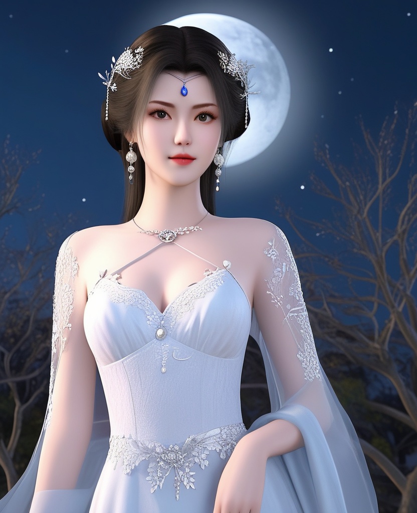 <lora:604-DA-XL-星辰变-姜立V2-新衣:0.8>(,1girl, ,best quality, ),looking at viewer,  ,ultra detailed background,ultra detailed background,ultra realistic 8k cg, ,masterpiece, (( , )),, ,fiction,mole,,      ,(cleavage), (),  ,see-through, lace, (((, solo, moon, , bare_tree, )))(cleavage),