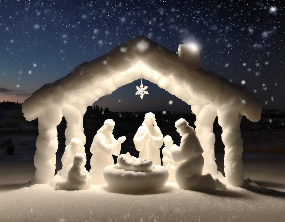 photo of the nativity scene made of snow,  in jerusalem desert,  nightly cinematic on Tensor.Art