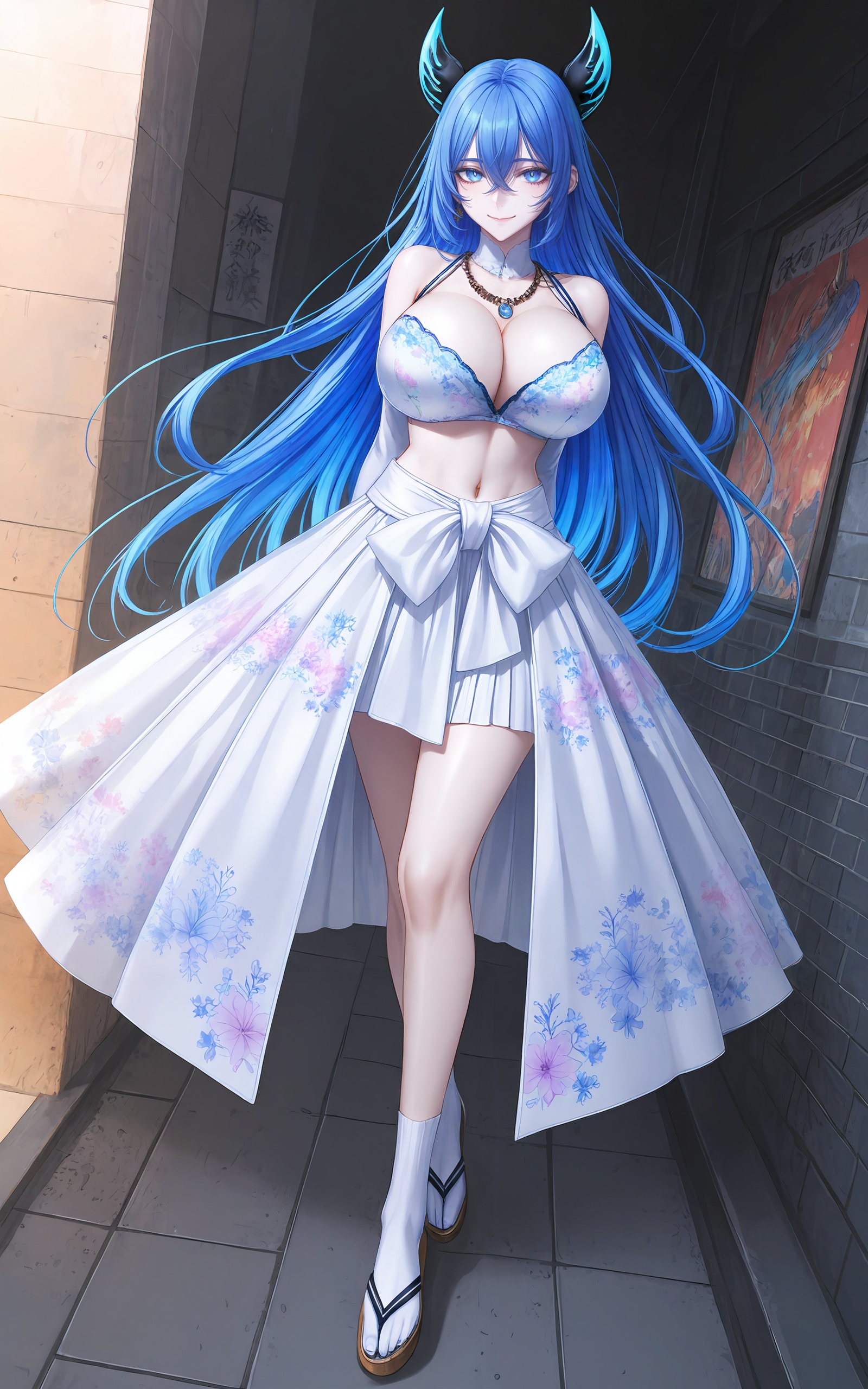 <lora:雪女ill0.047:0.7>,xuenv,1girl,breasts,blue hair,long hair,solo,sandals,horns,cleavage,sitting,looking at viewer,full body,navel,skirt,blue eyes,socks,huge breasts,very long hair,bra,legs,smile,see-through,arm support,bare shoulders,white socks,crossed legs,floral print,underwear,toes,large breasts,close-up details,outstanding style,adding a touch of dimension to your images without compromising details,whirls of vapor,iridescent textures,(Anime:1.1),ethereal ambiance,delicate details,magical high-concept,32K UHD,sharp focus,best-quality,masterpiece,golden hour,unconventional supreme masterpiece,masterful details,temperate atmosphere,with a high-end texture,in the style of fashion photography,photography,cover,dynamic angle,dynamic posture,(artist:quasarcake:0.8),extreme aesthetic,(wlop:0.6),(honjou raita, lack, rella:0.5, wanke),masterpiece,best quality,good quality,very aesthetic,absurdres,visual impact,a shot with tension,ultra-high resolution,32K UHD,sharp focus,best-quality,masterpiece,emotionalization,unconventional supreme masterpiece,masterful details,temperate atmosphere,with a high-end texture,in the style of fashion photography,(visual impact:1.2),giving the poster a dynamic and visually striking appearance,impactful picture,official art,colorful,splash of color,movie perspective,masterpiece,best quality,amazing quality,very aesthetic,absurdres,best quality,newest,