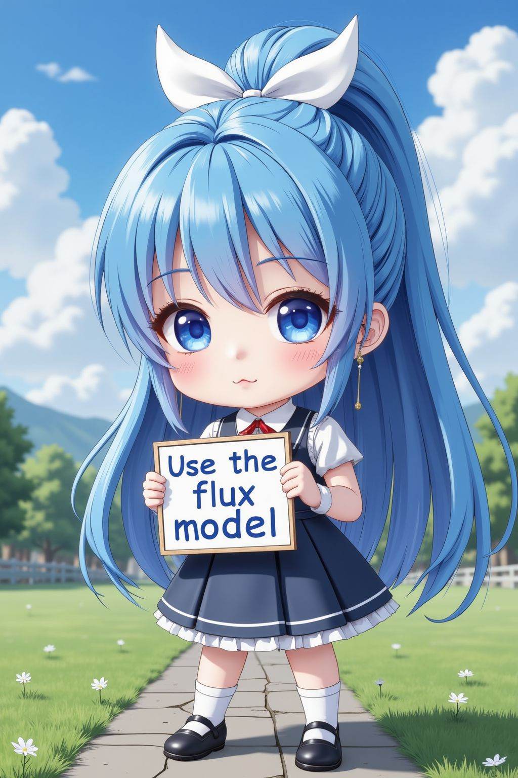 girl,full body,chibi,blue hair,dress,outdoors,holding a sign with text "Use the flux model",