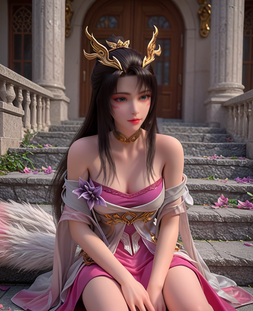 (oriental architecture, elegant decor, sophisticated style:1.1),Sitting on a staircase, head tilted, looking playful and mischievous,,(breasts:1.2),<lora:XL完美世界天狐仙子:0.9>,miss tianhuxianzi,solo,white dress with pink minidress underneath,shawl sleeve,multilayer fart curtain,green eyes,(glittering eyeshadow:1.3),facial mark,mole under right eye,black hair,long hair,hair ornament,half tied ponytail,(hanging hair:1.2),choker,jewelry,four-foxtailed,streaked tail tip,flower ornament of purple,parted lips,, zPDXL2, score_9, score_8_up, score_7_up BREAK realistic, masterpiece,best quality, highly detailed,, zPDXL3, zPDXL2,zPDXL, zPDXLxxx, zPDXLrl,