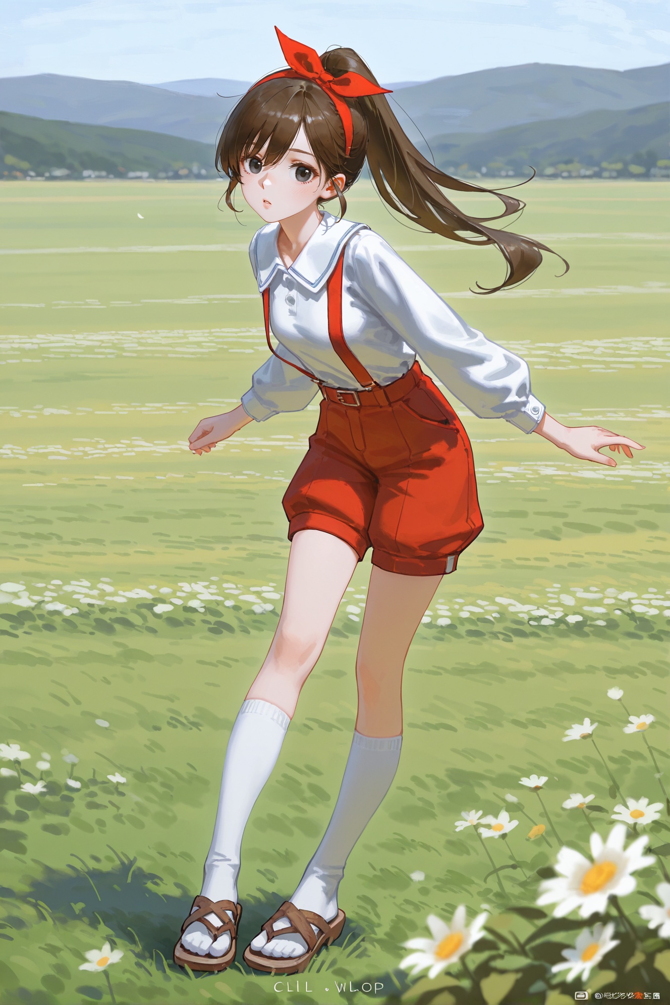 {{artist:jeff smith}},{tongari boushi no atelier},[[artist:wlop]],[artist:ningen mame],[artist:bilibili xiaolu],artist:ciloranko,[[artist:tianliang duohe fangdongye]],[artist:hiten {hitenkei}],[[[artist:bm_tol]]],year 2023,1girl,solo,{{swirling wind}},wind,solo,She leaned into the wind and stopping herself from blowing any further across the field,swept bangs,side hair flap,{{hair between eyes}},linear hatching,full body,open field,sandals,best quality,amazing quality,very aesthetic,absurdres,<lora:ruirui-ill-Tanger:0.8>,ruirui,clothes: ruirui red bib pants with white shirt,1girl,brown hair,shorts,brown footwear,white shirt,long hair,suspenders,black eyes,white kneehighs socks,ponytail,red hairband,