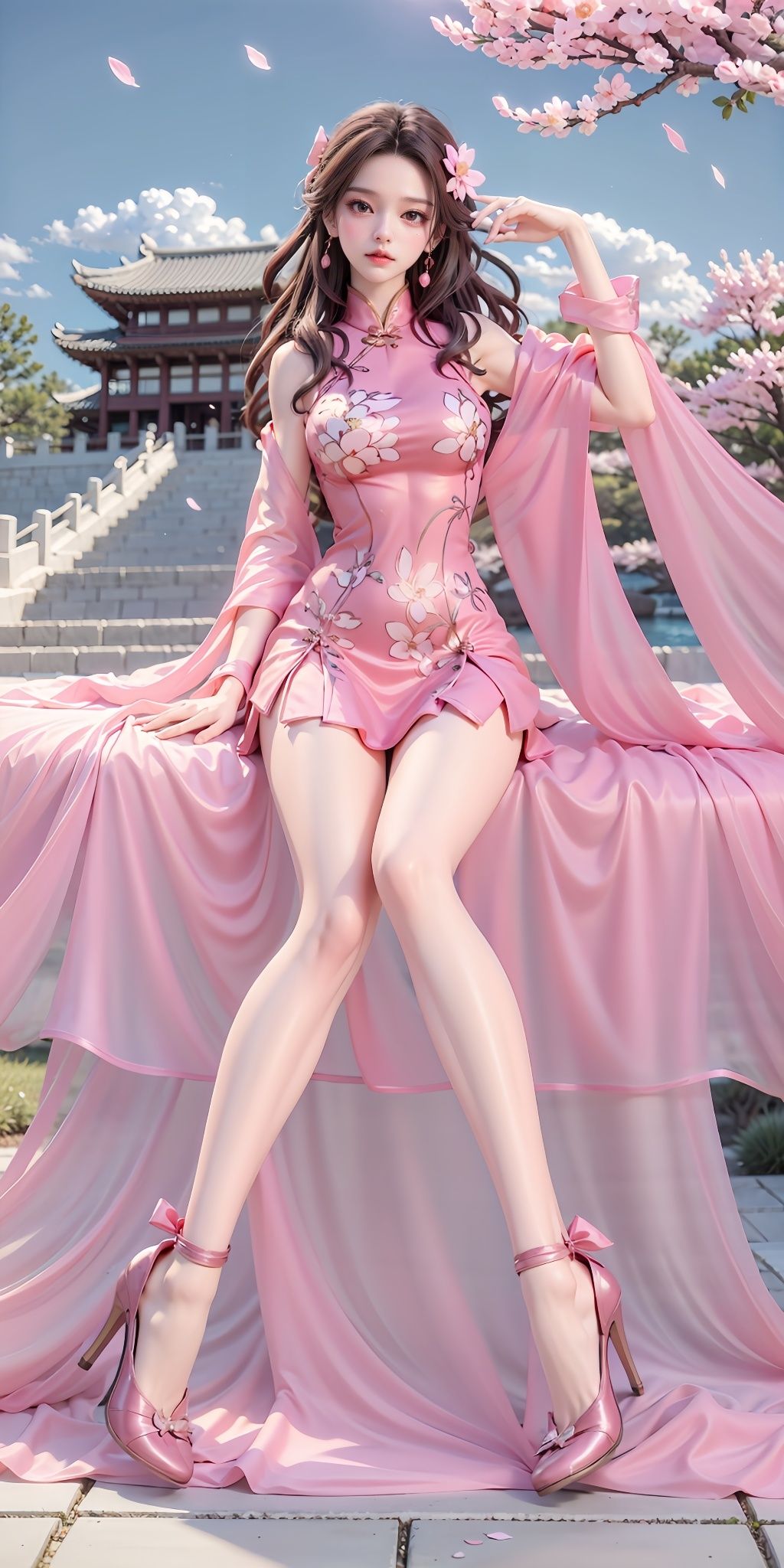 <lora:DC_20240105193940:0.75>,DC,1girl,dress,solo,high heels,chinese clothes,pink dress,china dress,long hair,brown hair,jewelry,earrings,looking at viewer,hair ornament,flower,sky,scenery,cherry blossoms,outdoors,grass,east asian architecture,(sitting:1.3),, (raw photo:1.2),((photorealistic:1.4))best quality,masterpiece,illustration,an extremely delicate and beautiful,extremely detailed,CG,unity,8k wallpaper,Amazing,finely detail,masterpiece,best quality,official art,extremely detailed CG unity 8k wallpaper,absurdres,incredibly absurdres,huge filesize,ultra-detailed,highres,extremely detailed,beautiful detailed girl,cinematic lighting,1girl,pale skin,tall female,(perfect body shape),skinny body,Slender legs,