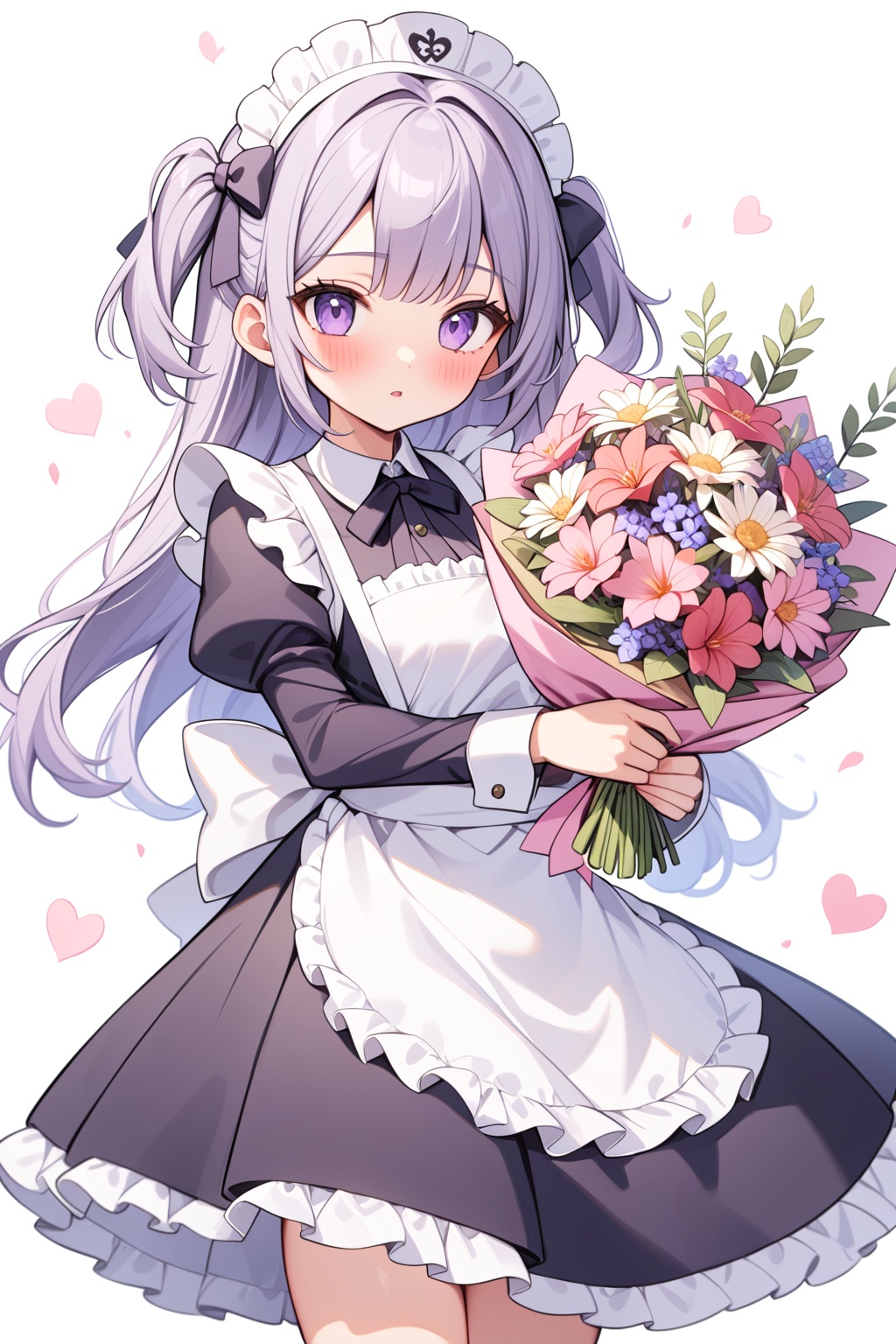 1girl,solo,flower,bouquet,purple eyes,maid headdress,looking at viewer,maid,apron,holding,white background,long sleeves,holding bouquet,grey hair,dress,bow,juliet sleeves,puffy sleeves,blush,simple background,parted lips,frills,ribbon,two side up,hair bow,maid apron,<lora:糖果森林_XL_LoRA_v1.1:1>,, masterpiece,best quality,very aesthetic,absurdres,