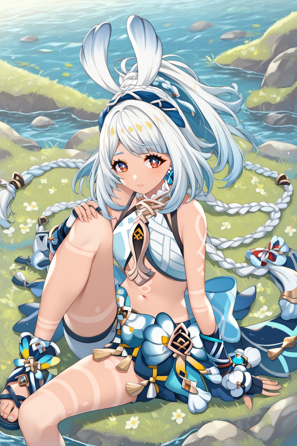 score_9,score_8_up,score_7_up,score_6_up,score_5_up,score_4_up,source_anime,source_cartoon,<lora:mualaniTuPONYXL-000008:1>,mualani \(genshin impact\), 1girl, solo, red eyes, dark skin, sitting, white hair, tanlines, long hair, toenails, water, knee up, navel, grass, bare shoulders, toes, sandals, fingerless gloves, symbol-shaped_pupils, cowboy shot, shorts, rabbit ears, from above