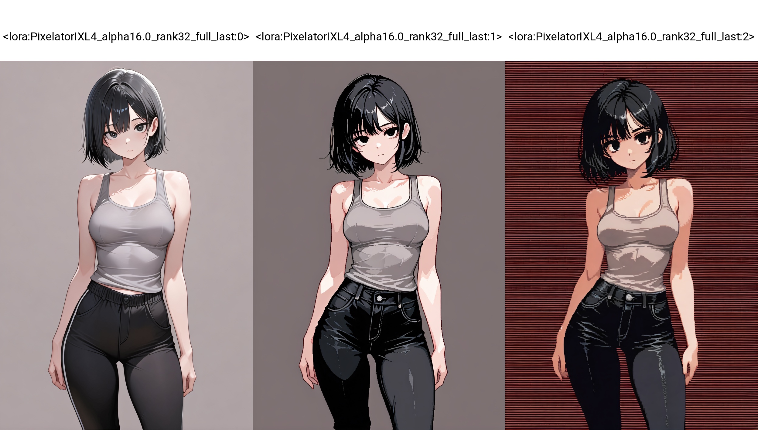 masterpiece, best quality, 1girl, grey **** top, black pants, standing, looking at viewer, short hair, black hair, black eyes, arms at sides,  facing viewer, medium breasts, simple background,    <lora:PixelatorIXL4_alpha16.0_rank32_full_last:0>