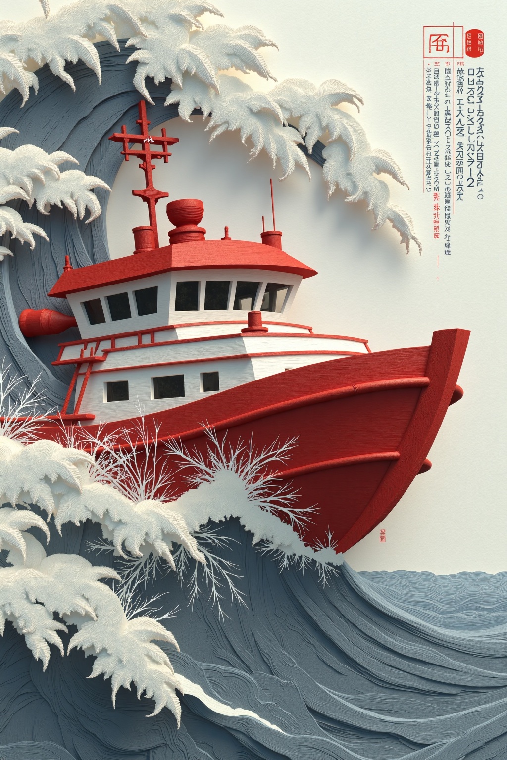 beijihui,a vibrant red boat floats atop a large wave,its hull glistening in the sun. The boat is adorned with a vibrant shade of red,adding a pop of color to the otherwise monochromatic scene. The waves,creating a striking contrast with the boat,adding depth and texture to the scene. To the right of the boat is a text in a foreign language that adds to the composition.,