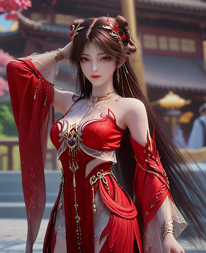 (oriental architecture, elegant decor, sophisticated style:1.1),one hand on her hip, one hand behind her head,(breasts:1.2),<lora:XL16完美世界火灵儿天神境:0.95>,miss huolinger,solo,red dress,brown eyes,brown hair,absurdly long hair,double bun,hair ornament,jewelry,detached sleeves,bracelet,, zPDXL2, score_9, score_8_up, score_7_up BREAK realistic, masterpiece,best quality, highly detailed,, zPDXL3, zPDXL2,zPDXL, zPDXLxxx, zPDXLrl,