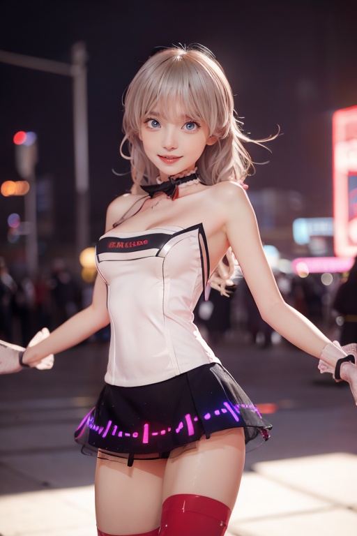 masterpiece,best quality,absurdres,highres,4k,ray tracing,perfect face,perfect eyes,intricate details,highly detailed,1girl,moyou,looking at viewer,sexy pose,(cowboy shot:1.2),<lora:Electronic_dance_skirt:0.55>,Electronic_dance_skirt,dress,bare shoulders,gloves,thighhighs,<lora:XRface:1.2:lbw=fa+>,girl,light smlie,