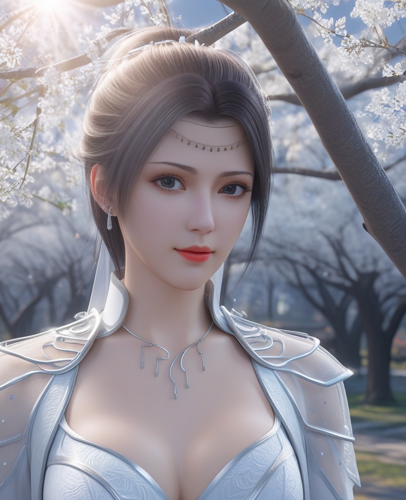 <lora:576-DA-XL-斗破苍穹-云韵-白服:0.8>(,1girl, ,best quality, ),looking at viewer,  ,, ultra detailed background,ultra detailed background,ultra realistic 8k cg,,masterpiece, (( , )), fiction,mole,  ,     ,see-through, lace, (cleavage),(((, solo, sun, , bare_tree, )))