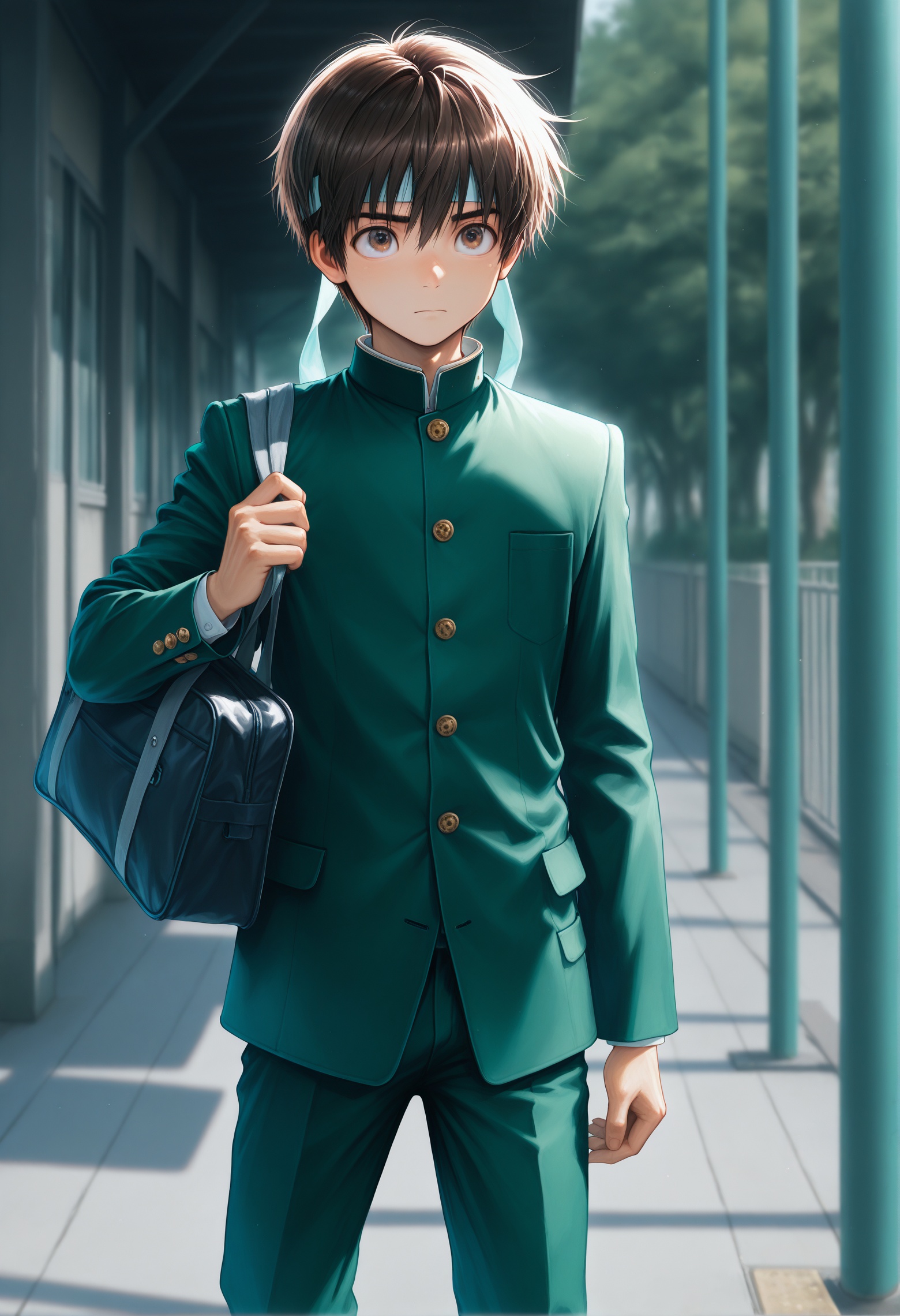 masterpiece,best quality,amazing quality,very aesthetic,absurdres,newest, mamoru,1boy,male focus,solo,brown eyes,brown hair,short hair,headband,raimon,school uniform,gakuran,jacket,green jacket,buttons,long sleeves,buttons,pants,green pants,bag,school bag, outdoor,