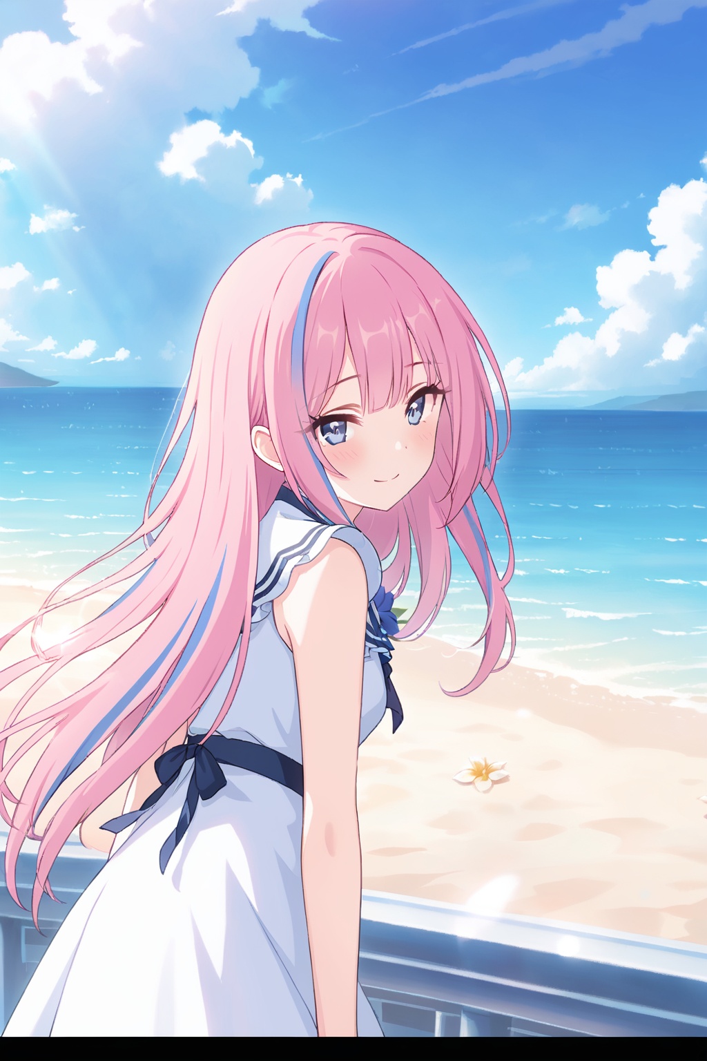 masterpiece,best quality,extremely detailed CG unity 8k wallpaper,Depth of field,cinematic lighting,backlighting,cel shading,anime screencap,long hair,beautiful detailed eyes,1girl,finely detail,(upper body:1.2),pink hair,(blue streaked hair:1.25),blue sky with cloud,sea,(flower near sea:1.5),seductive smile,random pose,solo,looking at viewer,ribbon,standing on beach,near water,blush,blunt bangs,blue water,<lora:pcr-xl-fp8-lokr-v2:0.8>,