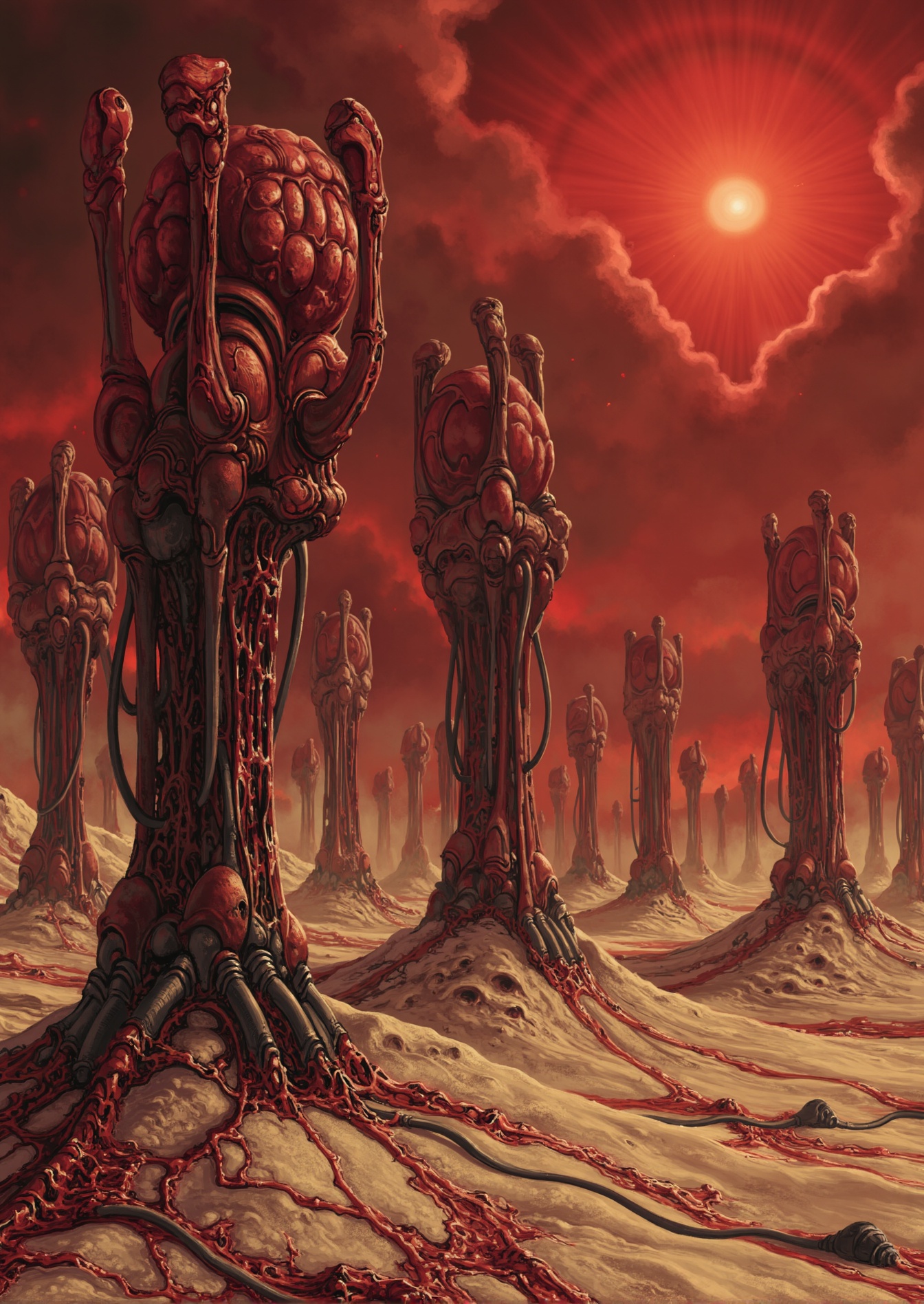 Landscape of a surreal biomechanical desert under a blood-red sky in style of AITB_FLUX_scorn . Huge ancient giant horseta...