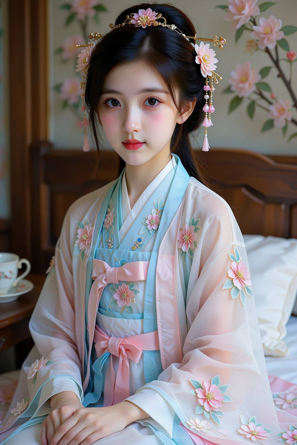 The image depicts a young Asian woman sitting on a bed,  dressed in a traditional Korean hanbok. She has fair skin and a d...