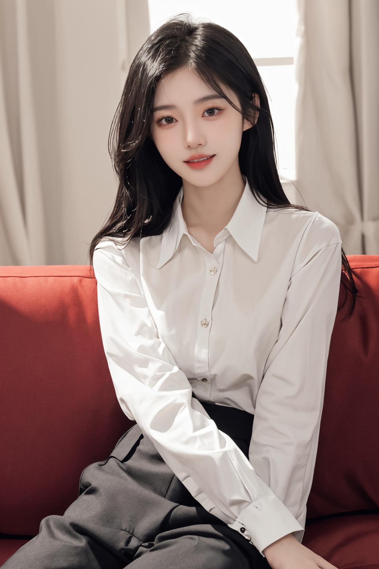 1girl, asian, black hair, brown eyes, buttons, couch, curtains, dress shirt, indoors, lips, looking at viewer, pants, realistic, shirt, sitting, smile, solo<lora:绘画美女1.0:0.66>