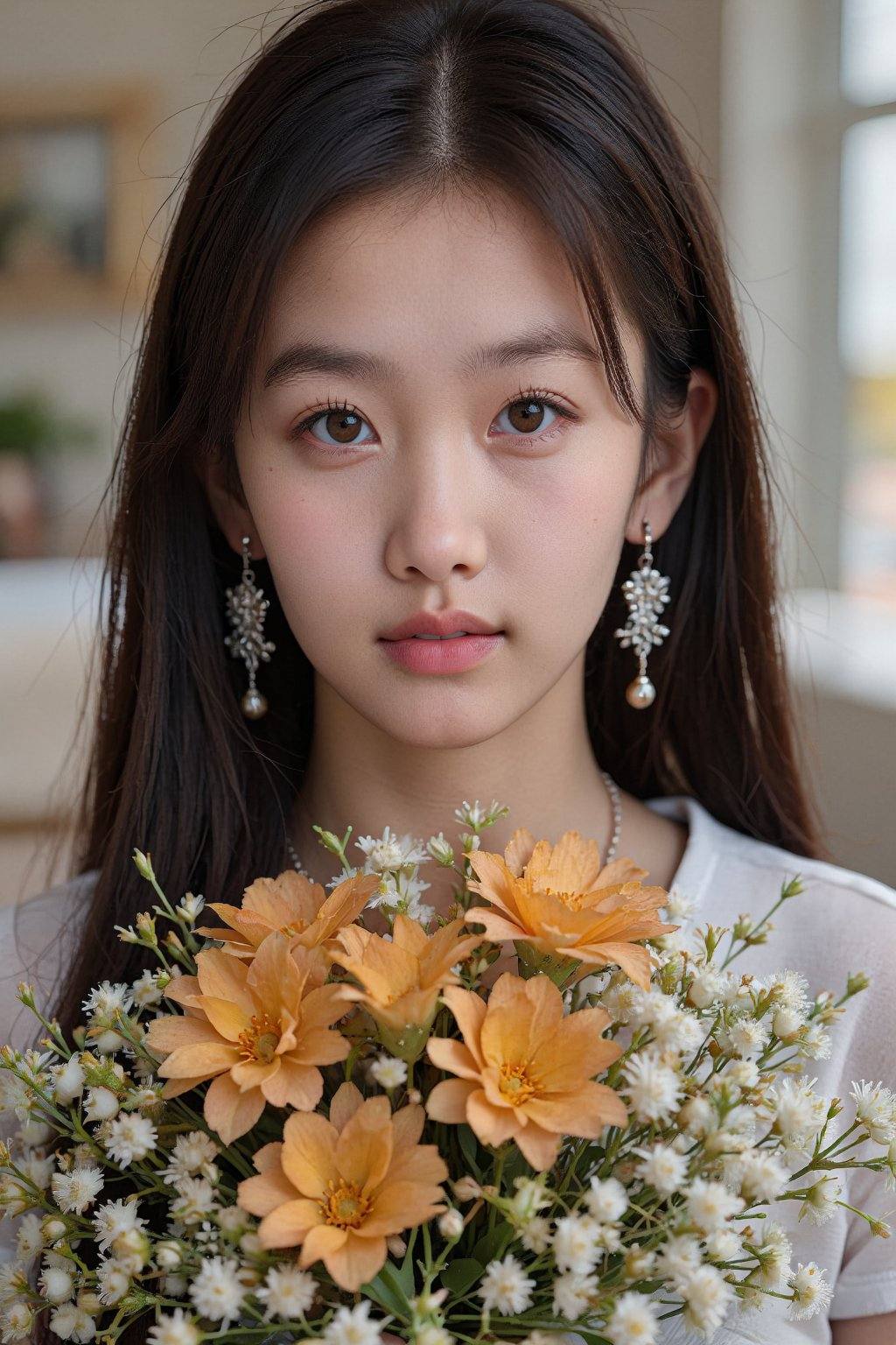A young Asian woman is the central subject,  positioned in a close-up,  slightly above eye-level shot. She appears to be i...