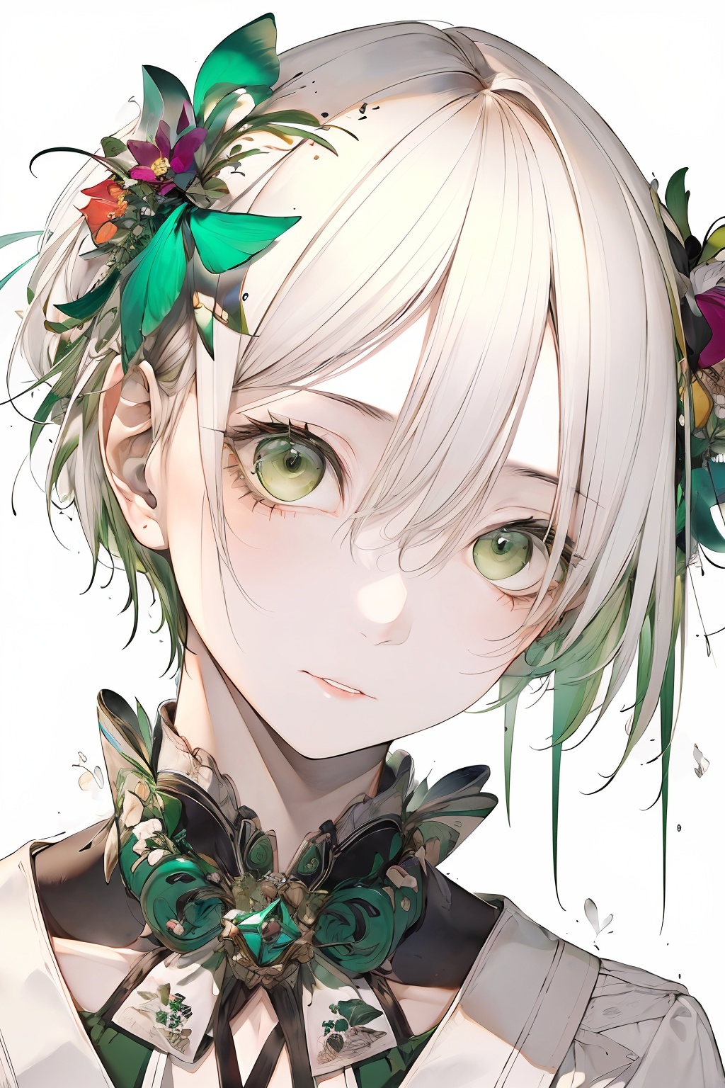 A close-up shot of a girl,1girl,short hair,bangs,simple background,hair ornament,white background,hair between eyes,green eyes,flower,white hair,multicolored hair,parted lips,green hair,hair flower,looking to the side,<lora:lbc_Girly_v2.0-000006:0.8>,