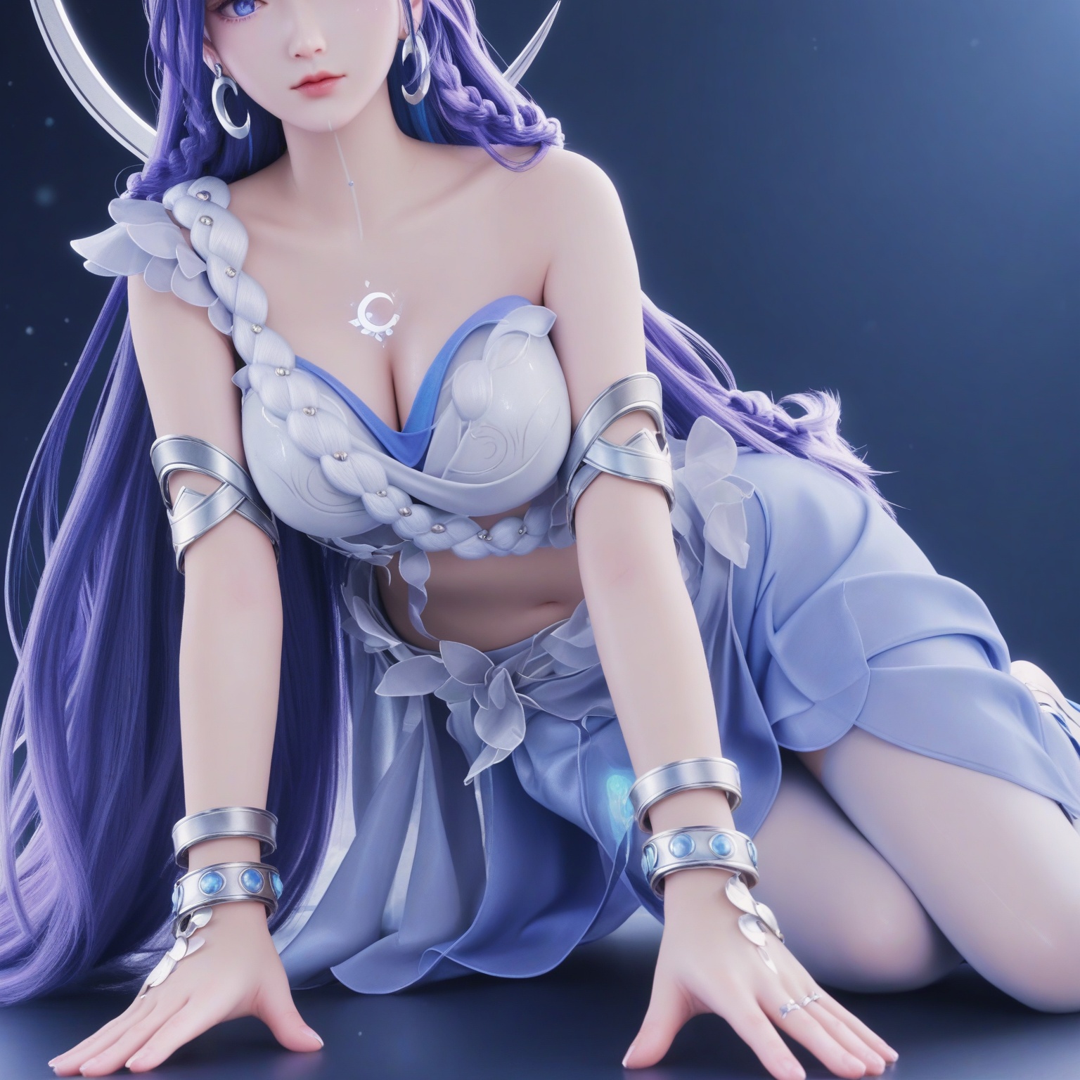 (upper_body:1.1),(huge breasts:0.9),68.<lora:YQponyhaiyueV4:0.8>,q1528437228,solo,1girl,long_hair,purple_hair,jewelry,hair_ornament,earrings,blue_eyes,dress,blue_hair,braid,bracelet,crescent,bare_shoulders,midriff,very_long_hair,white_dress,skirt,crescent_hair_ornament,armor,collarbone,purple_eyes,shoes,high_heels,realistic,blue_footwear,armlet,night,crescent_earrings,facial_mark,barefoot,hair_rings,long_skirt,white_pantyhose,white_skirt,wings,blue_dress,,blush,(looking_at_viewer:1.1),BREAKintricate details,shiny_skin,solo focus,(blurry background:1.1),(depth of field:1.1),perfect_anatomy,(cinematic lighting:0.9),(volumetric lighting:0.9),(simple background,pure black background,black background:1.1),