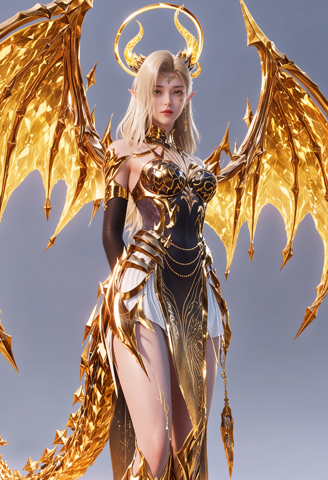 score_9,high detail,best quality,cinematic lighting,volumetric lighting,shiny skin,shiny,1girl,solo,blonde hair,pointy ears,jewelry,yellow eyes,long hair,dragon wings,dragon horns,halo,looking at viewer,white background,earrings,detached sleeves,gold trim,dress,breasts,armor,bare shoulders,tail,arms_behind_back,simple background,<lora:QQSponyshengyulonglingV1:0.8>,<lora:Pony_DetailV2.0:0.8>,<lora:皮肤凹痕:0.1>,