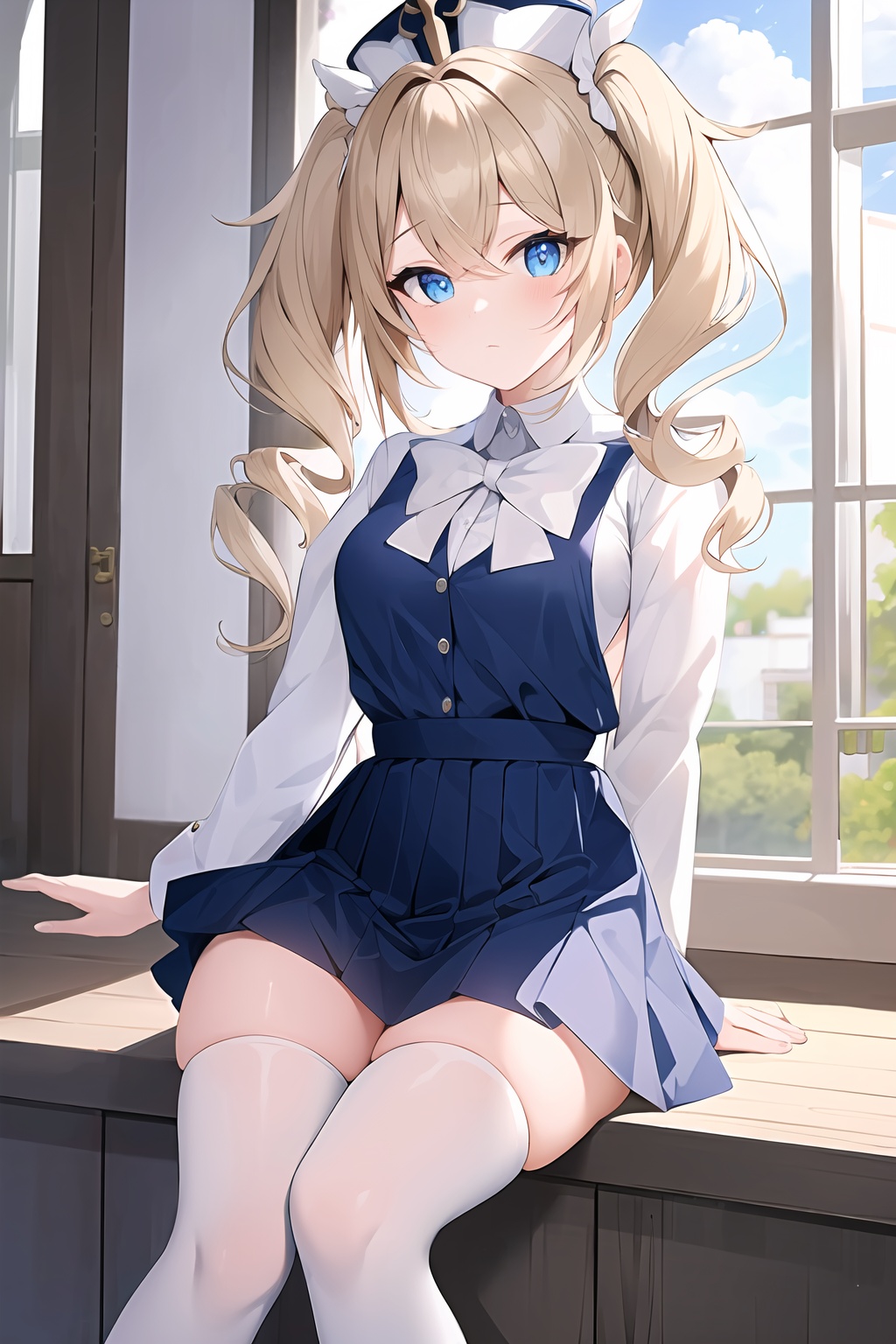 (masterpiece, best quality:1.2),insanely detailed,absurdres,ultra-highres,ultra-detailed,best quality,slender,kawaii,perfect symmetrical face,ultra cute girl,ultra cute face,ultra detailed eyes,ultra cute,ultra beautifu,<lora:barbara-000001:0.5>,barbara \(genshin impact\),1girl,solo,blue eyes,twintailshat,twin drills,school uniform,white thighhighs,outdoors,standing,
