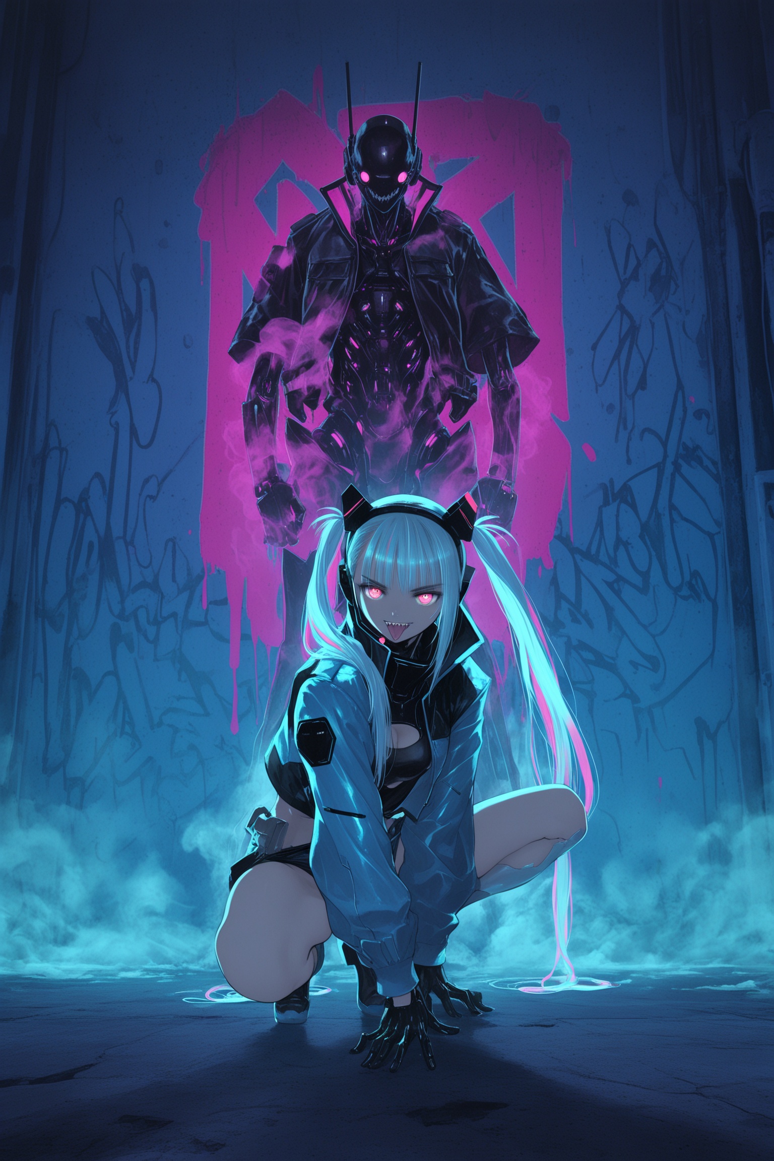 tony taka,(soejima shigenori:0.5),(zombie ke:0.5),(95---:0.5),(dino_(dinoartforame):0.5),(yoneyama mai:0.5),masterpiece,newest,absurdres,incredibly absurdres,best quality,amazing quality,very aesthetic,1girl,squatting,pink hue,blue theme,smoke,cyberpunk style,standing pose,cybernetic enhancements,glowing red eyes,tongue out,sharp teeth,light blue hair in pigtails,black headset,((cybernetic jacket:1.2)) with yellow details,pink stains,graffiti background,graffiti text,dynamic lighting,neon colors,comic book art style,gritty textures,sharp focus,