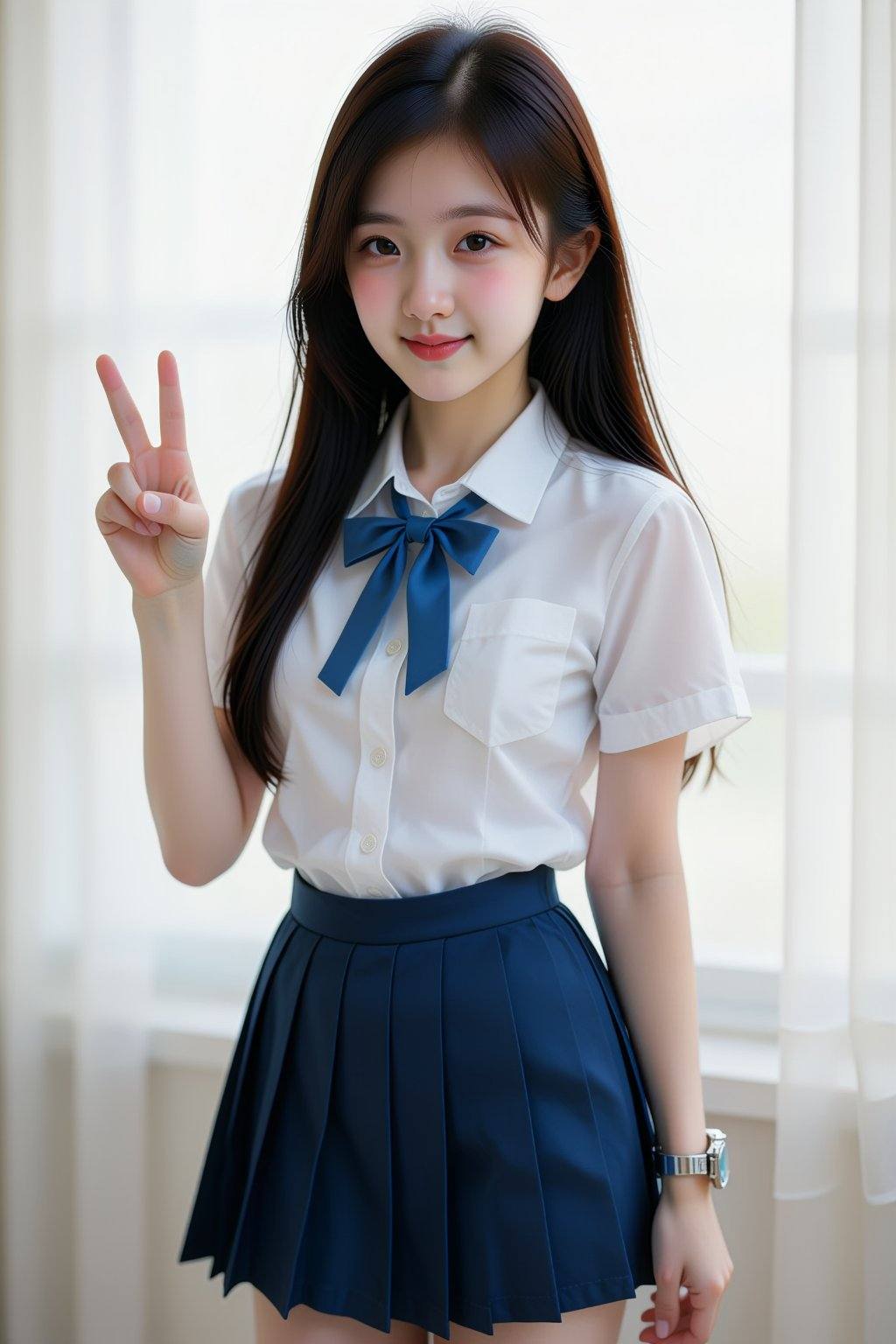 The image depicts a photograph of an Asian woman standing indoors in front of a window with white curtains. She has long,...