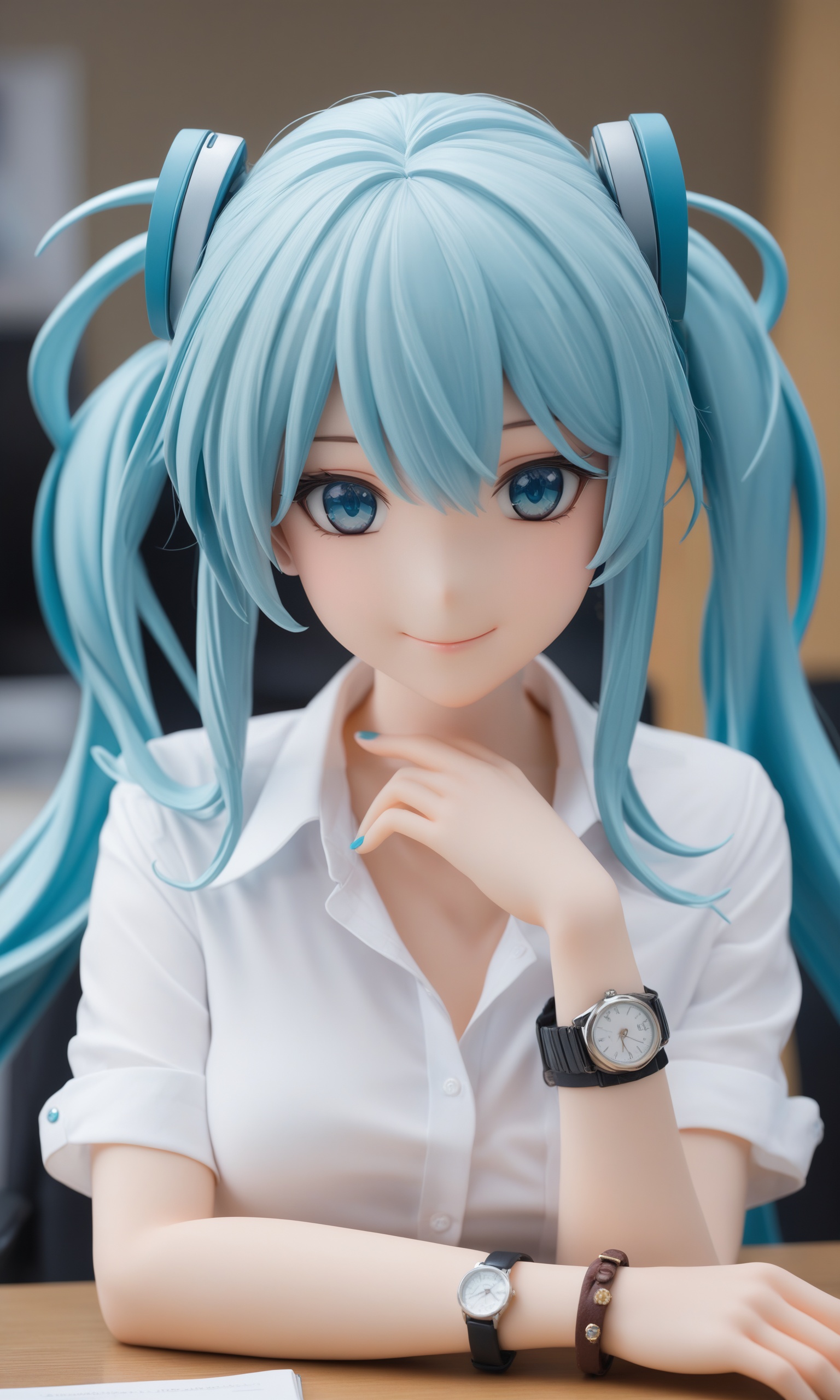 (masterpiece),(highest quality),highres,(extremely detailed),hatsune miku,light blue hair,bunches,1girl,smile,looking at viewer,wristwatch,blue eyes,solo focus,bracelet,shirt,solo,(with 1 hands:1.3),white shirt,in the office,