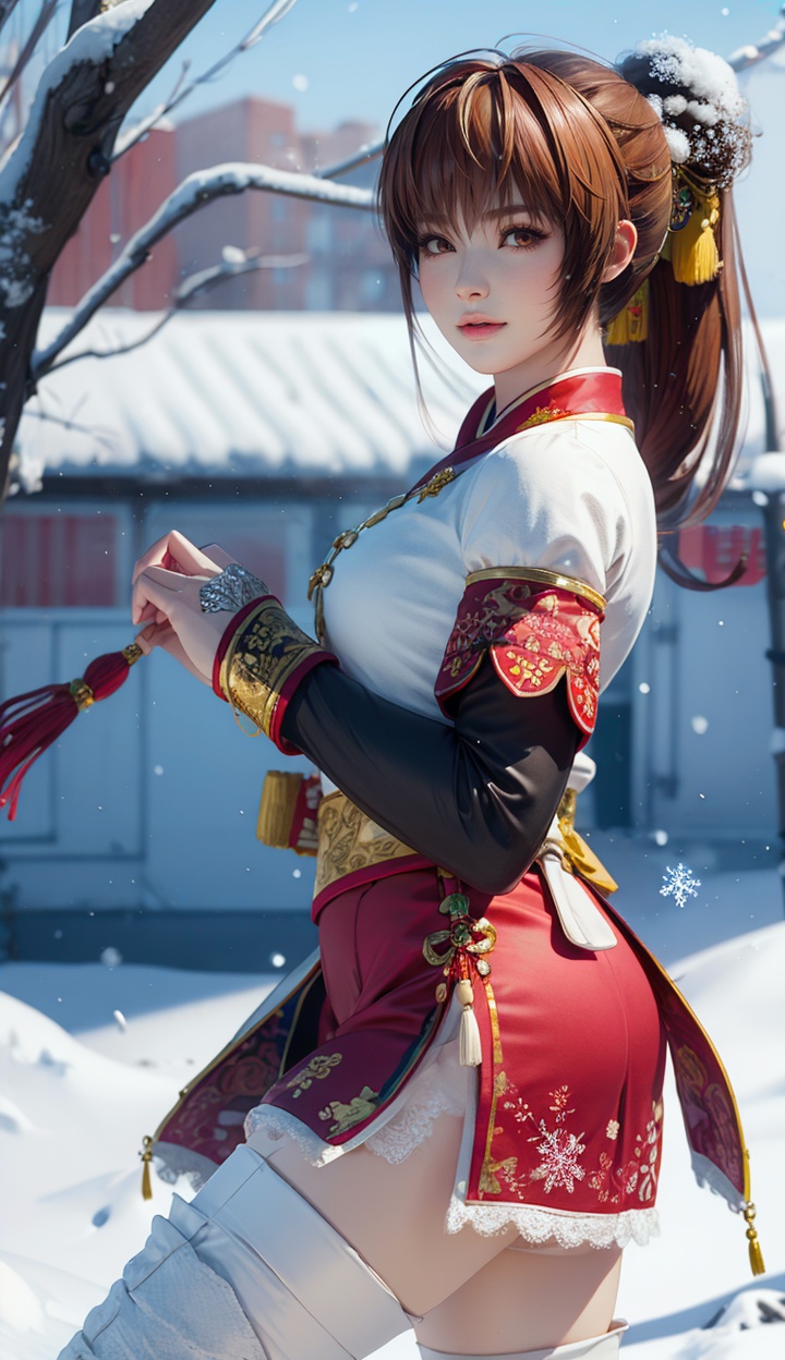 masterpiece,high quality,kasumi,brown eyes,1girl,solo,looking_at_viewer,<lora:add_detail:0.3>,3D graphics,brown hair,ponytail,white thighhighs,simple background,outdoors,(snow),snowflakes,<lora:kasumi-000003:0.75>,chinese clothes,china dress,new year,hot_pants,shorts under dress,
