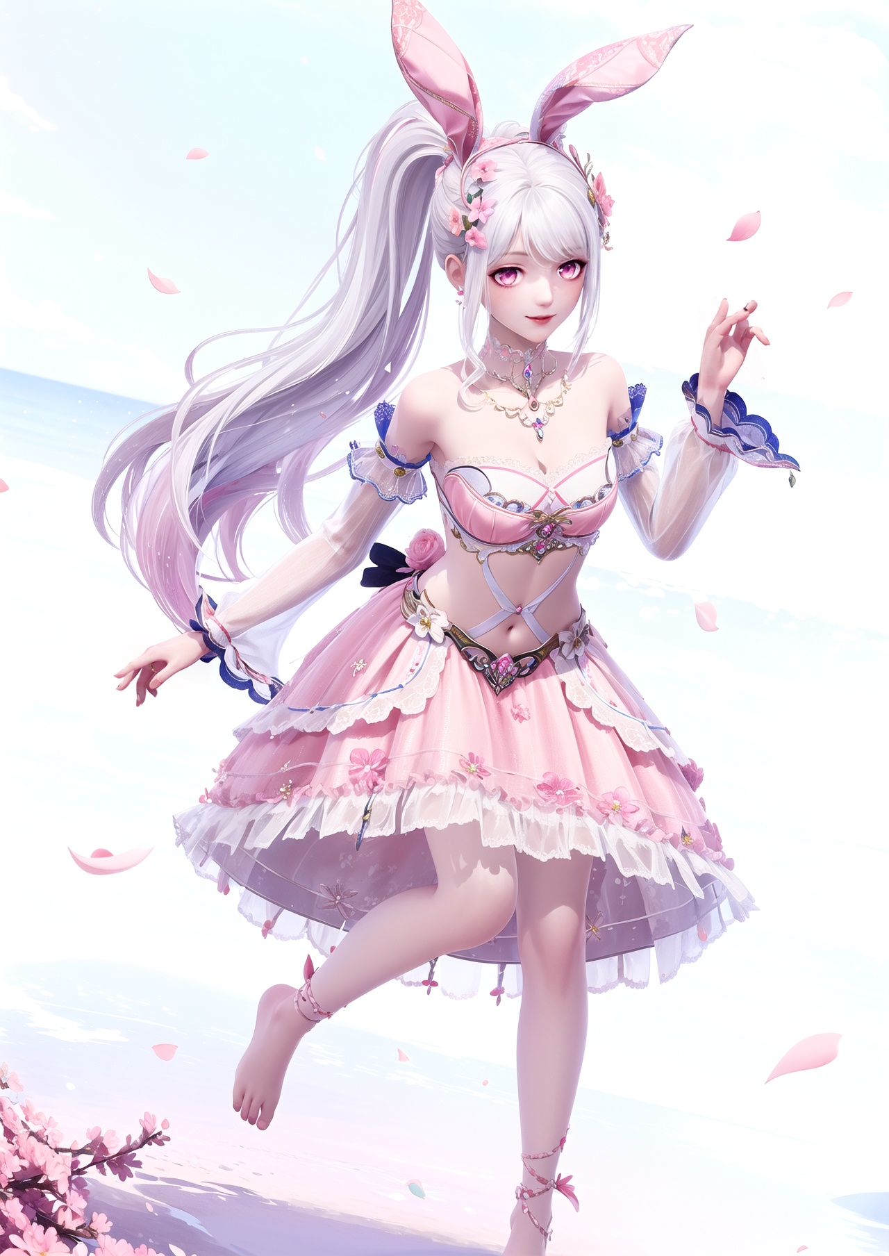 masterpiece,best quality,1girl,Nikki,solo,animal ears,rabbit ears,white hair,long hair,dress,ponytail,detached sleeves,petals,hair ornament,pink dress,barefoot,navel,falling petals,pink eyes,smile,white background,