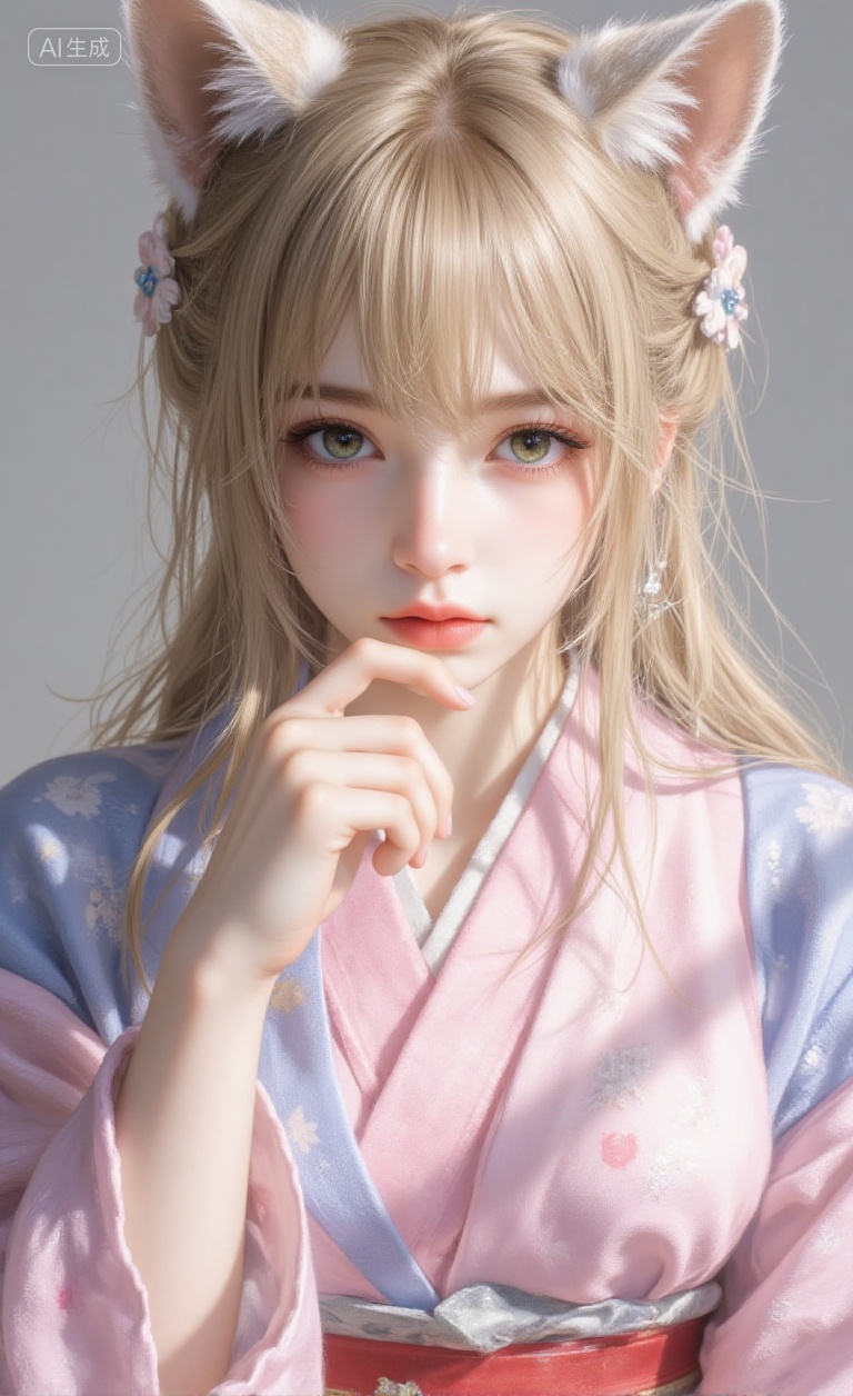 xijie-g,  Light and shadow,  The image is a close-up portrait of a young woman with blonde hair and green eyesShe is weari...