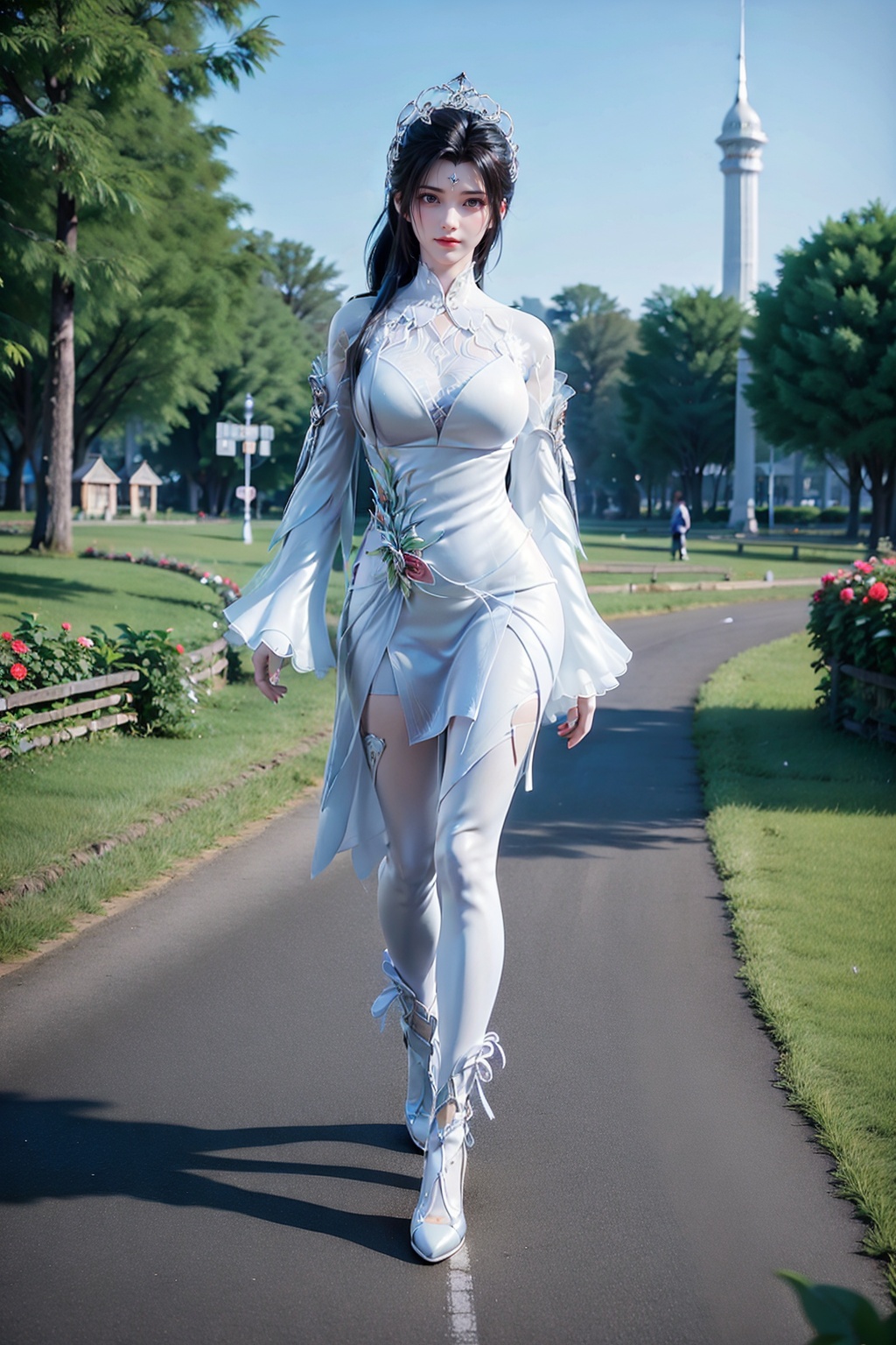 lxq,1girl,solo,3d,ultra-detailed,highres,extremely detailed,best quality,Exquisite Craftsmanship,High-Resolution Beauty,Unparalleled Artistic Quality,walking in the park,(roses on the roadside:1.1),<lora:lora-000006.by_tusi:0.8>,