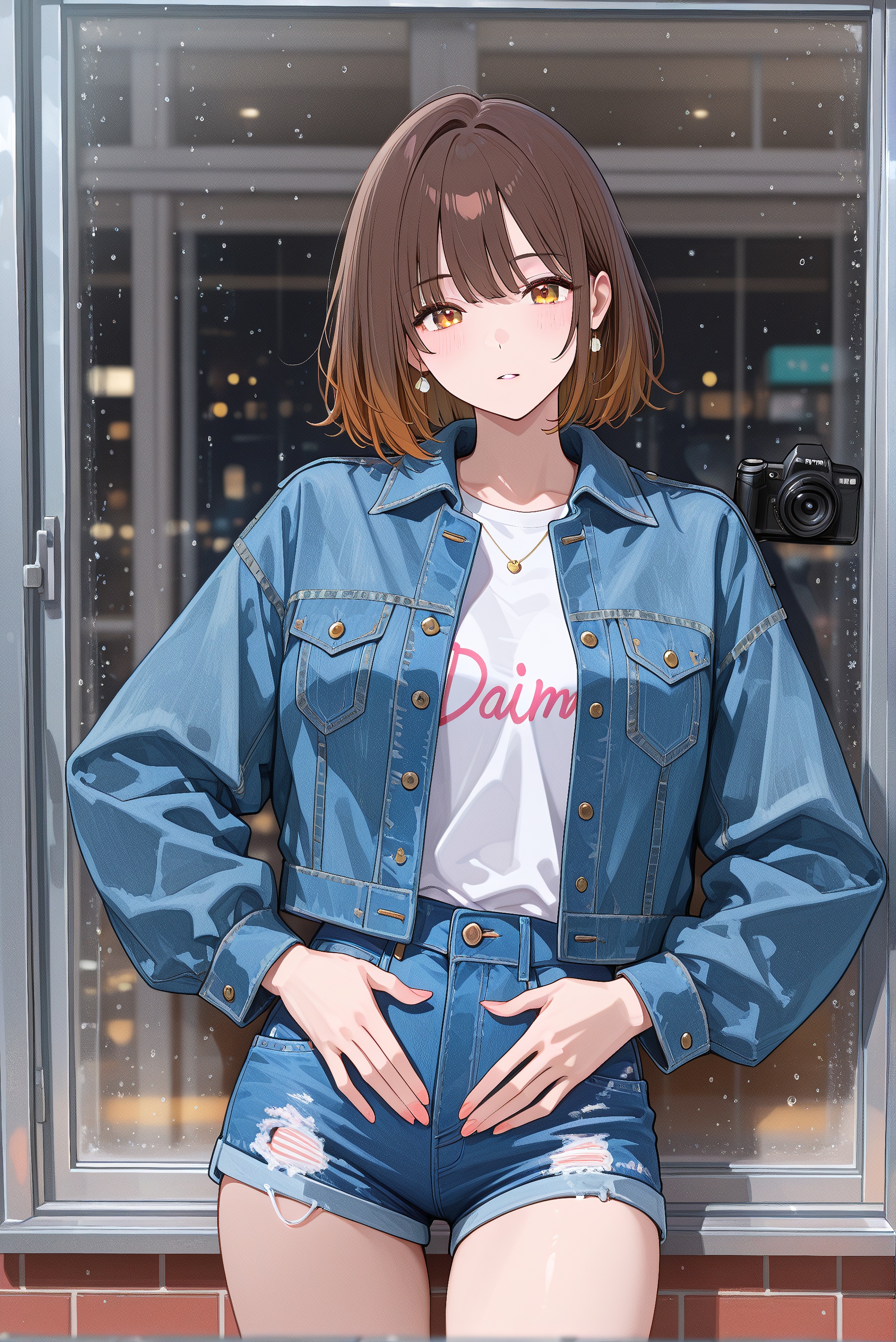 a woman wearing a denim jacket and shorts, leaning against a window with her hands on her hips and looking at the camera