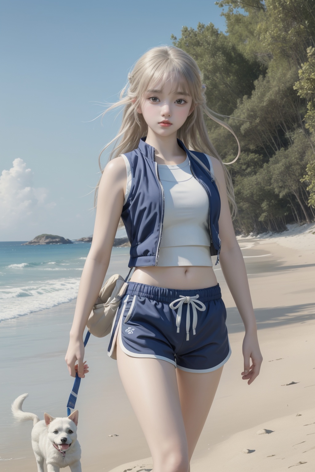 best quality,masterpiece,illustration,an extremely delicate and beautiful,extremely detailed,CG,unity,8k wallpaper,Amazing,finely detail,masterpiece,best quality,official art,extremely detailed CG unity 8k wallpaper1 girl,beach,walking, sports shorts, sports vest, puppy,empty hand