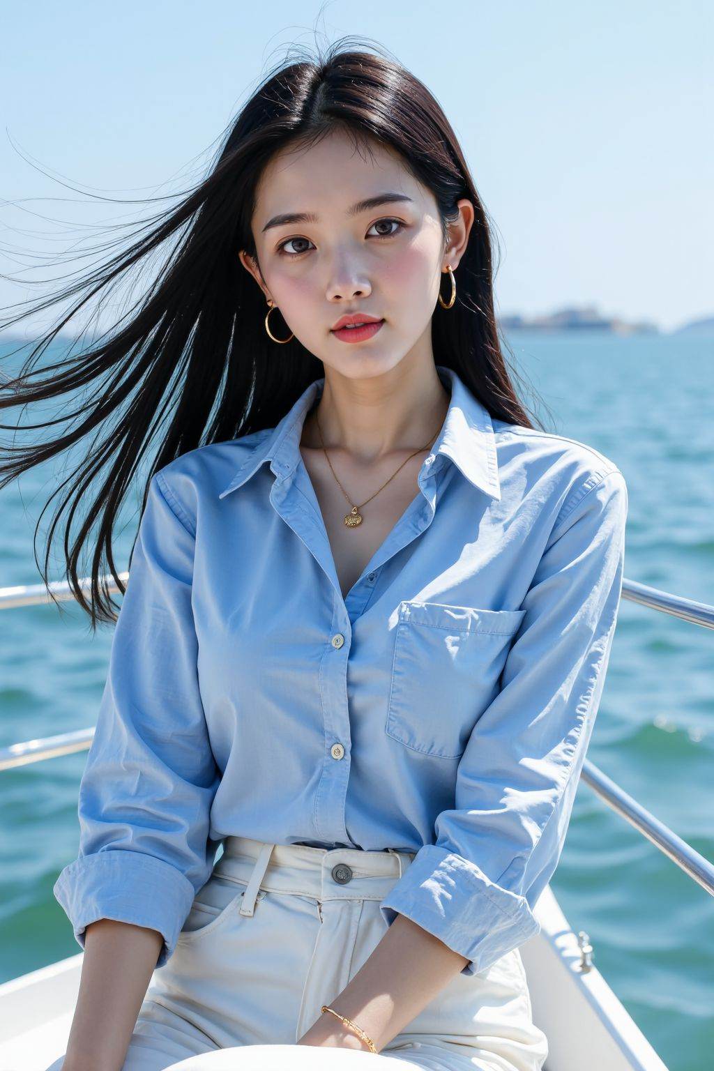 This is a high-resolution photograph of a young woman sitting on a boat, likely on a sunny day, given the bright blue sky and the calm, blue-green ocean in the background. The woman is of East Asian descent, with fair skin and long, straight black hair that flows freely in the wind. She is wearing a light blue, long-sleeved button-up shirt with the sleeves rolled up to her elbows, revealing a delicate gold bracelet on her left wrist. The shirt has a single breast pocket on the left side. Her pants are high-waisted, white, and appear to be made of a lightweight, possibly linen or cotton material. She accessorizes with small, gold hoop earrings and a delicate gold necklace with a small pendant.