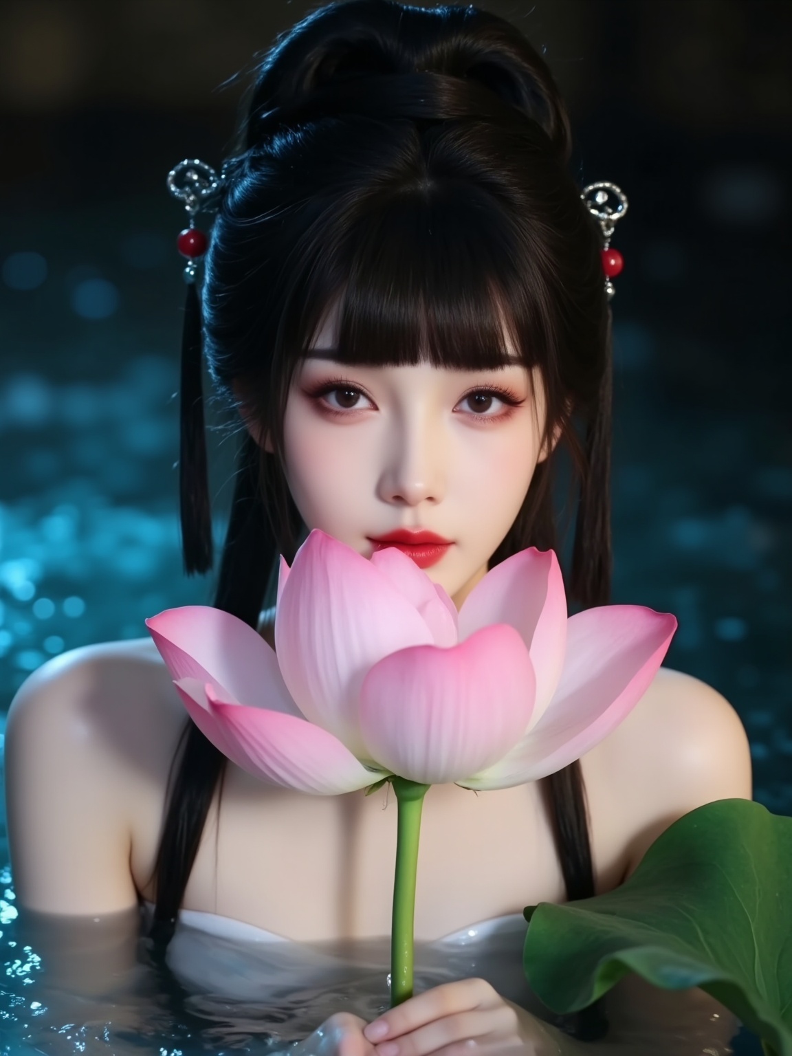 The photograph captures a young Asian woman with a fair complexion and delicate features,submerged in water. She has straight,jet-black hair with blunt bangs and wears a traditional Asian hairstyle with hairpins adorned with red beads. Her eyes are almond-shaped and accentuated with heavy,dramatic makeup,including winged eyeliner and pink eyeshadow. She is topless,with her breasts barely visible beneath the water's surface,and her lips are painted a deep red,matching the red hairpins.,She holds a large pink lotus flower with a green stem close to her lips,creating a surreal and provocative pose. The background is a dark,murky water with a hint of teal,adding a mysterious and ethereal quality to the image. The lighting is soft,with the water reflecting a subtle blue hue,and the overall mood is sensual and dreamlike. The texture of the water and the delicate translucence of the lotus flower add to the ethereal quality of the image. The photograph is likely taken in a studio setting,with the use of a blue filter to create the teal effect. The composition and styling suggest a fusion of traditional and modern aesthetics,with a touch of fantasy.,<lora:YY-小青和小白F.1v2:1>,