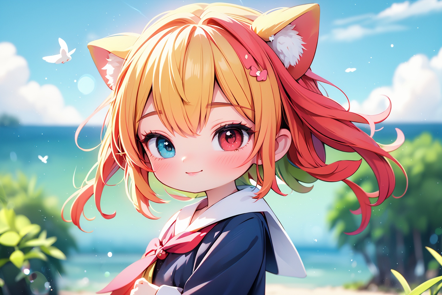 1girl,bangs,beach,bird,black legwear,(heterochromia:1.4),(red eyes:1.4),(blue eyes:1.4),very long blonde hair,cat ears clouds,blue sailor collar,blue skirt,blue sky,blush,red bow,closed mouth,cloud,cloudy sky,condensation trail,day,standing by the sea,