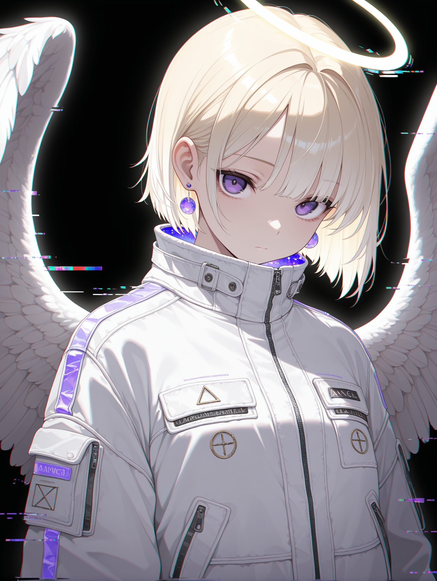 glitch, halo, solo, wings, angel, angel wings, looking at viewer, earrings, 1girl, feathered wings, jewelry, upper body, chromatic aberration, purple eyes, white wings, bangs, blonde hair, short hair, white hair, black background, jacket ,masterpiece,best quality,amazing quality,