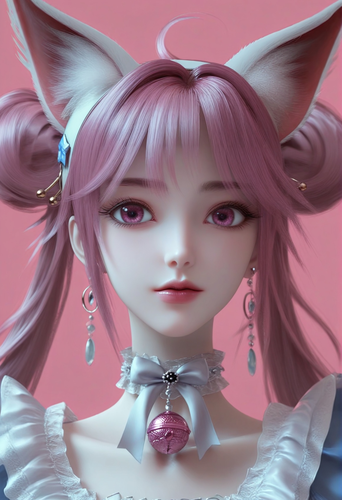 (score_9),<lora:小狸-Apony:0.86>,xiaohuli,solo,animal ear fluff,fox ears,double bun,long hair,twintails,pink hair,ahoge,hairband,earrings_ring,lipstick,choker,neck bell,frills,jewelry,earrings,maid dress,bow,<lora:perfect-eyes:0.8>,pink eyes,(((arms_behind_back))),(mature_female:1.1),mature,collarbone,<lora:e色温:0.5>,(white_skin),(fair_skin),<lora:e肤色滑块:0.5>,front view,light blush,simple background,(huge filesize:1.1),(wallpaper:1.1),(game cg:1.1),rim light,pink background,<lora:Expressive_H:0.8>,<lora:detailed_notrigger:1>,<lora:皮肤凹痕:1.2>,<lora:身材滑块:1>,